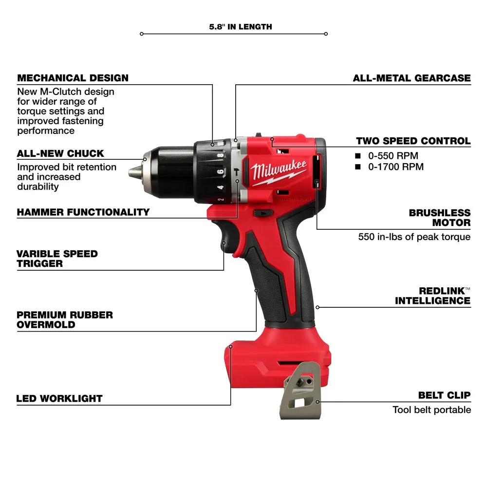 Milwaukee 3602-20 M18 Compact Brushless 1/2" Hammer Drill/Driver