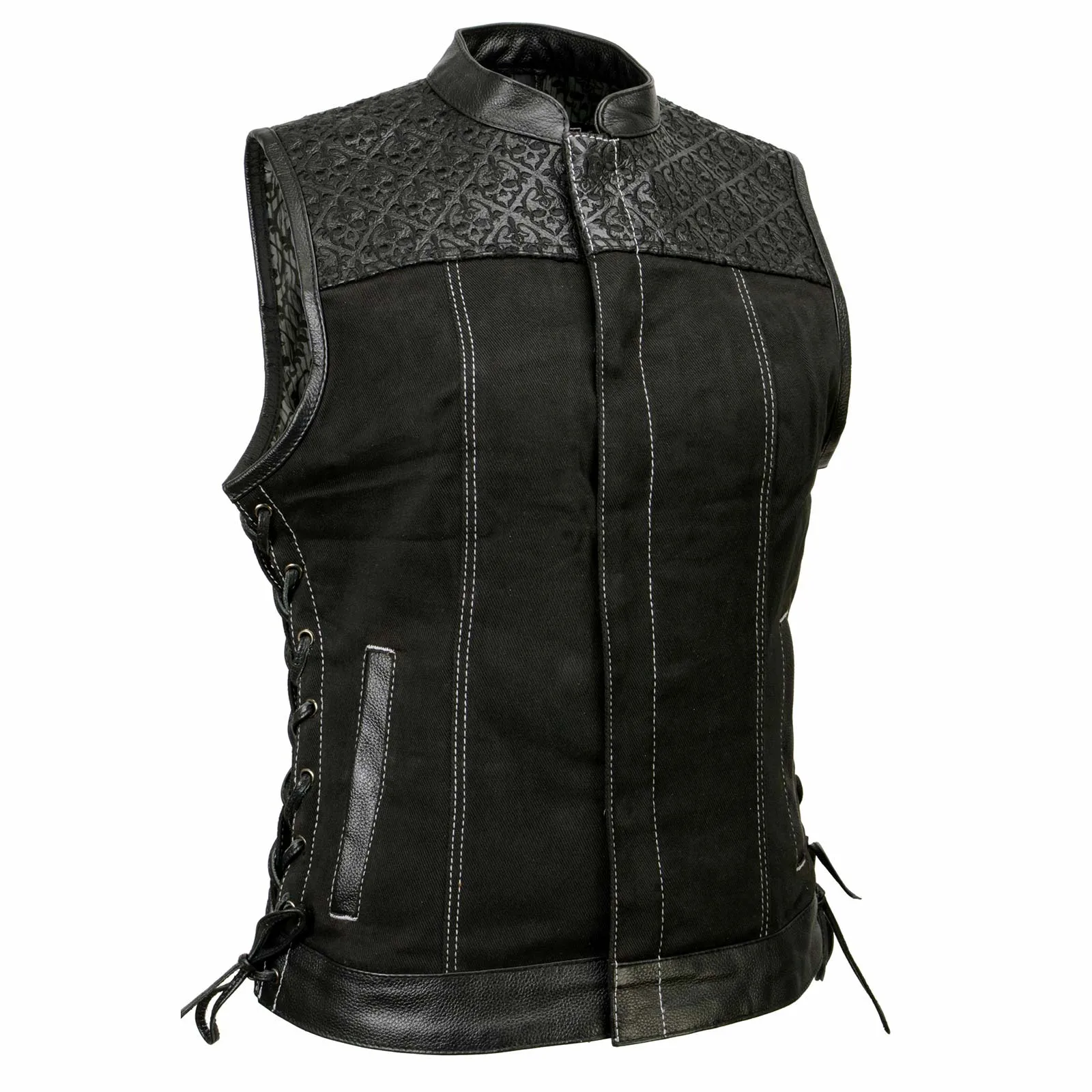 Milwaukee Leather MDL4052 Women's 'Skelly' Black Motorcycle Denim Vest w/ Skull Embroidery