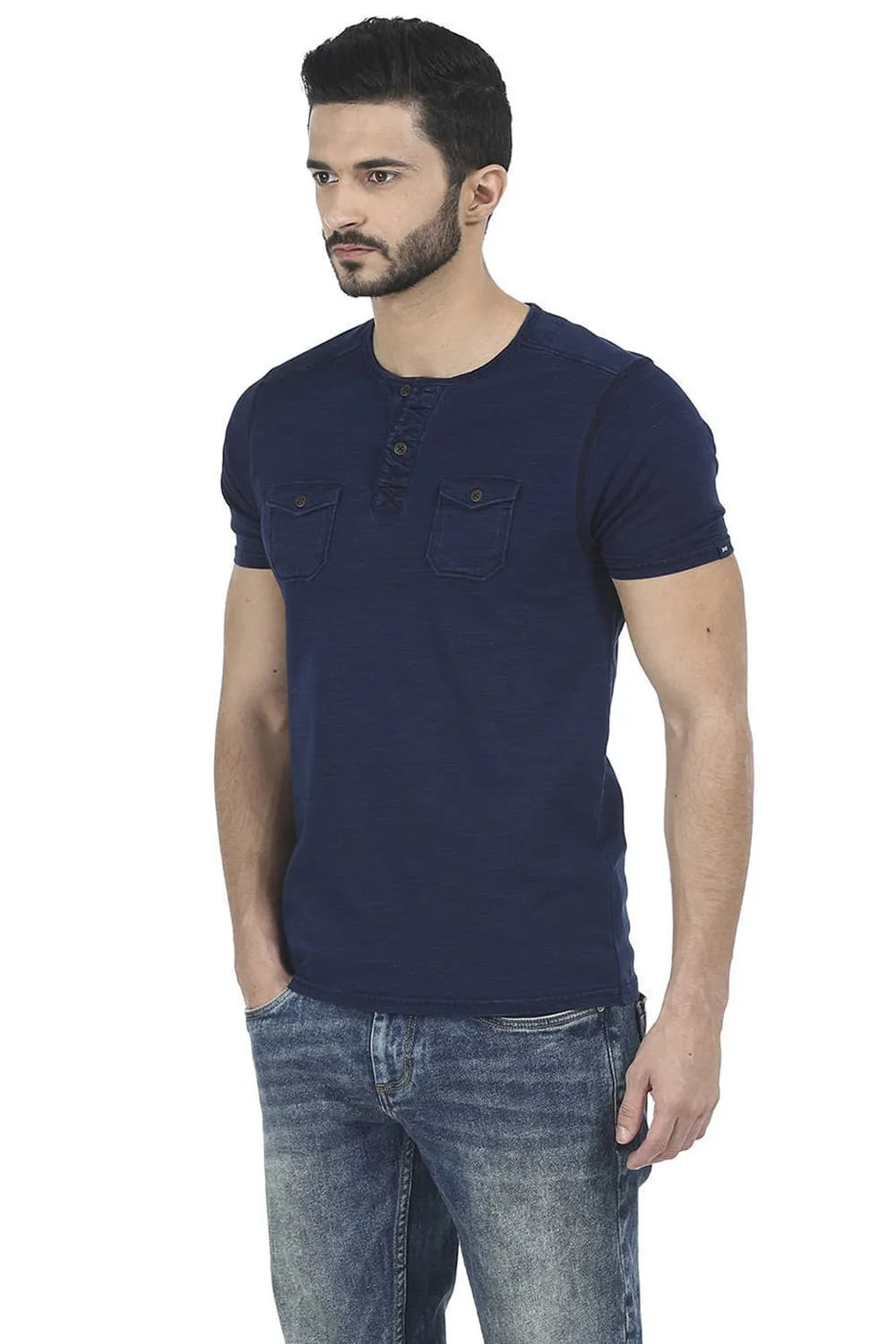 Muscle Fit Henley Neck T Shirt