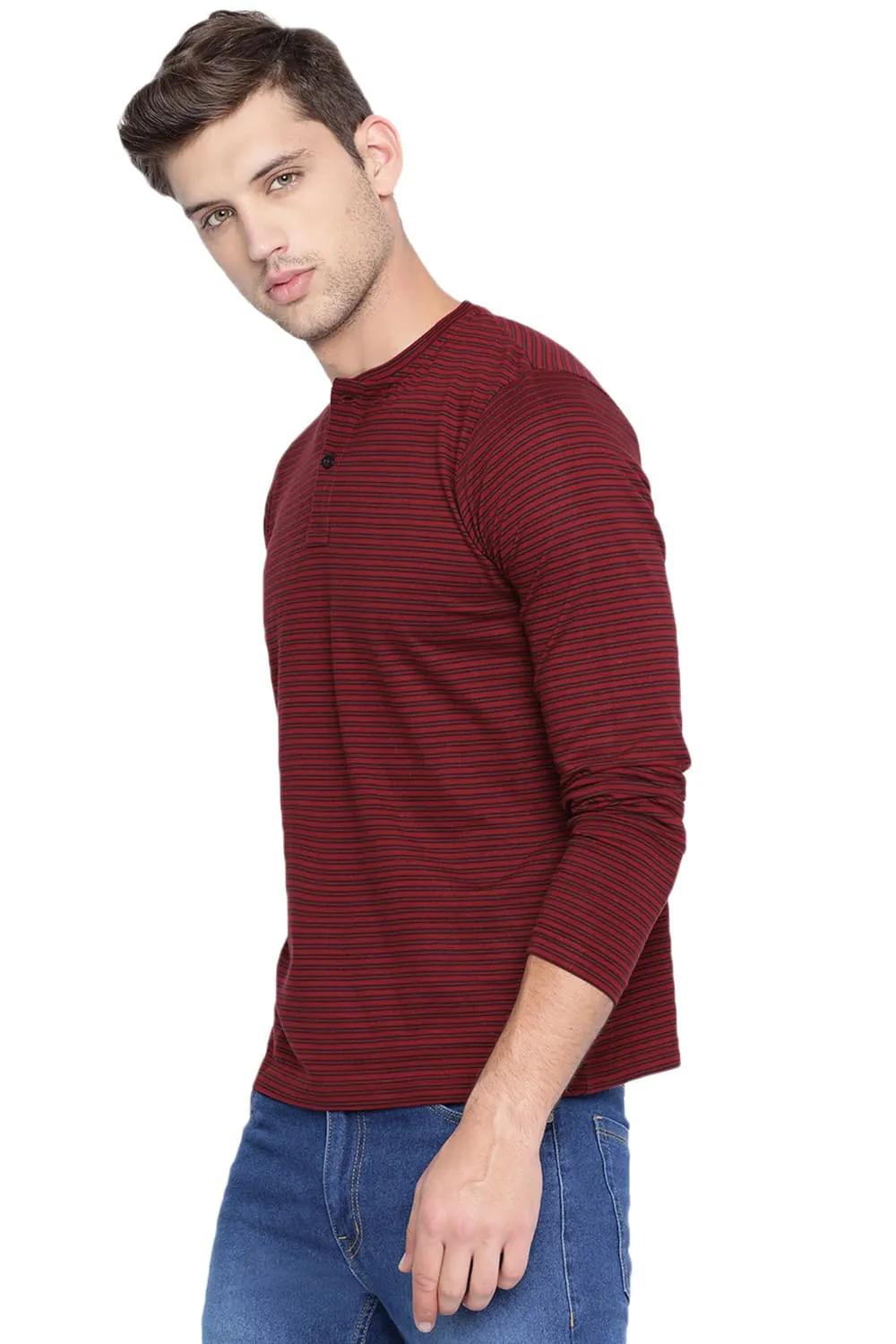 Muscle Fit Henley Stripes Polo T Shirt