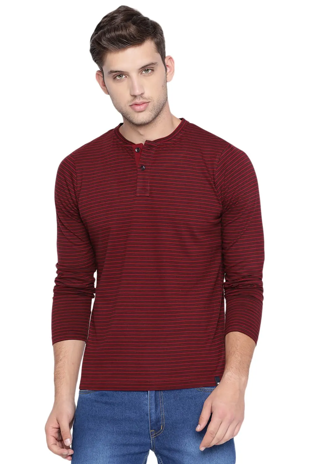 Muscle Fit Henley Stripes Polo T Shirt