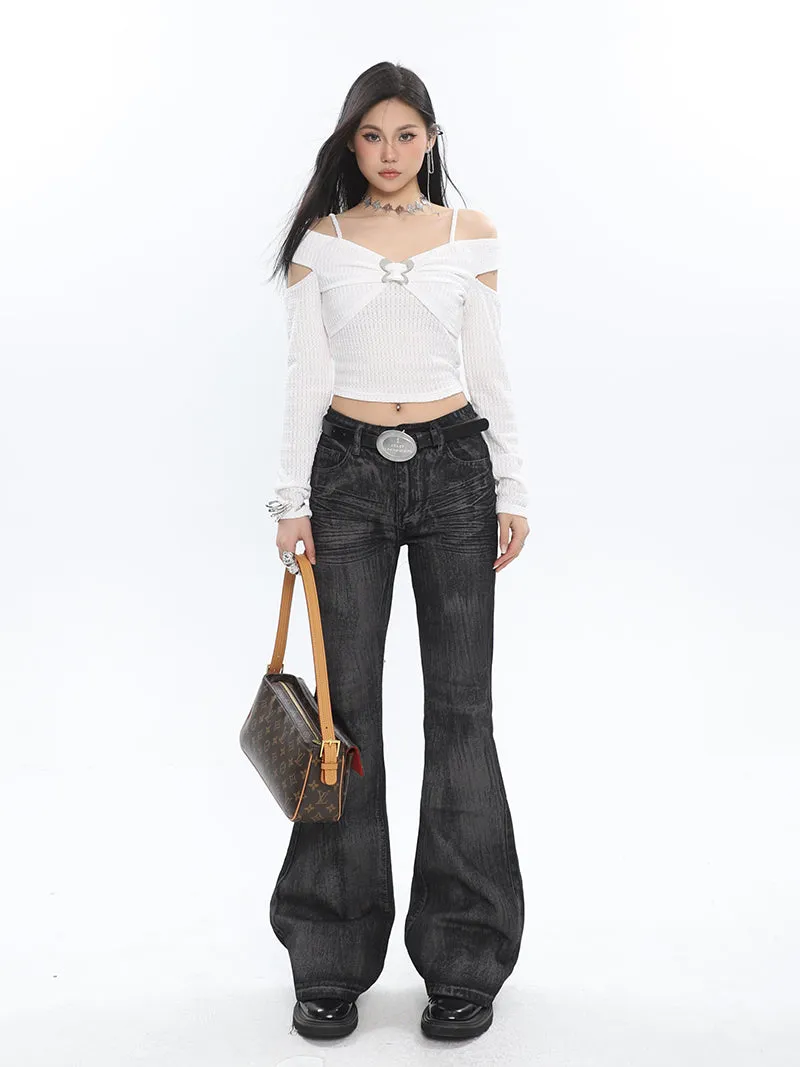 Nadine Washed Grey Skinny Flared Denim High Waist Jeans Pants