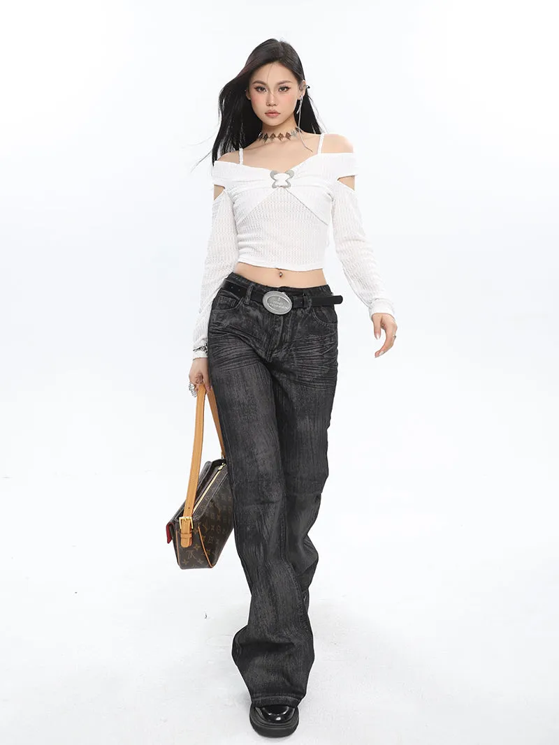 Nadine Washed Grey Skinny Flared Denim High Waist Jeans Pants