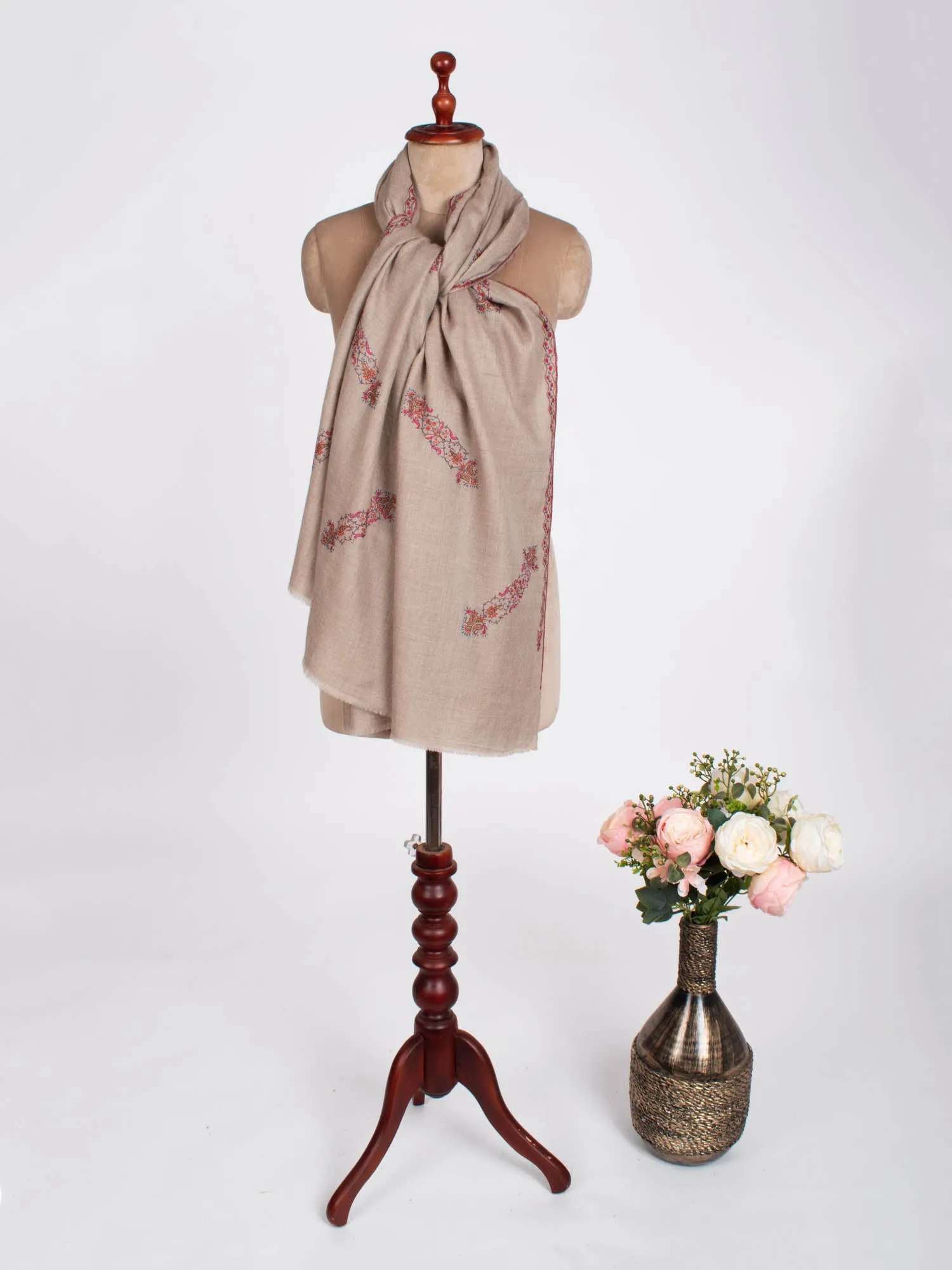 Natural Grey With Embroidery Pashmina Shawl - MODESTO