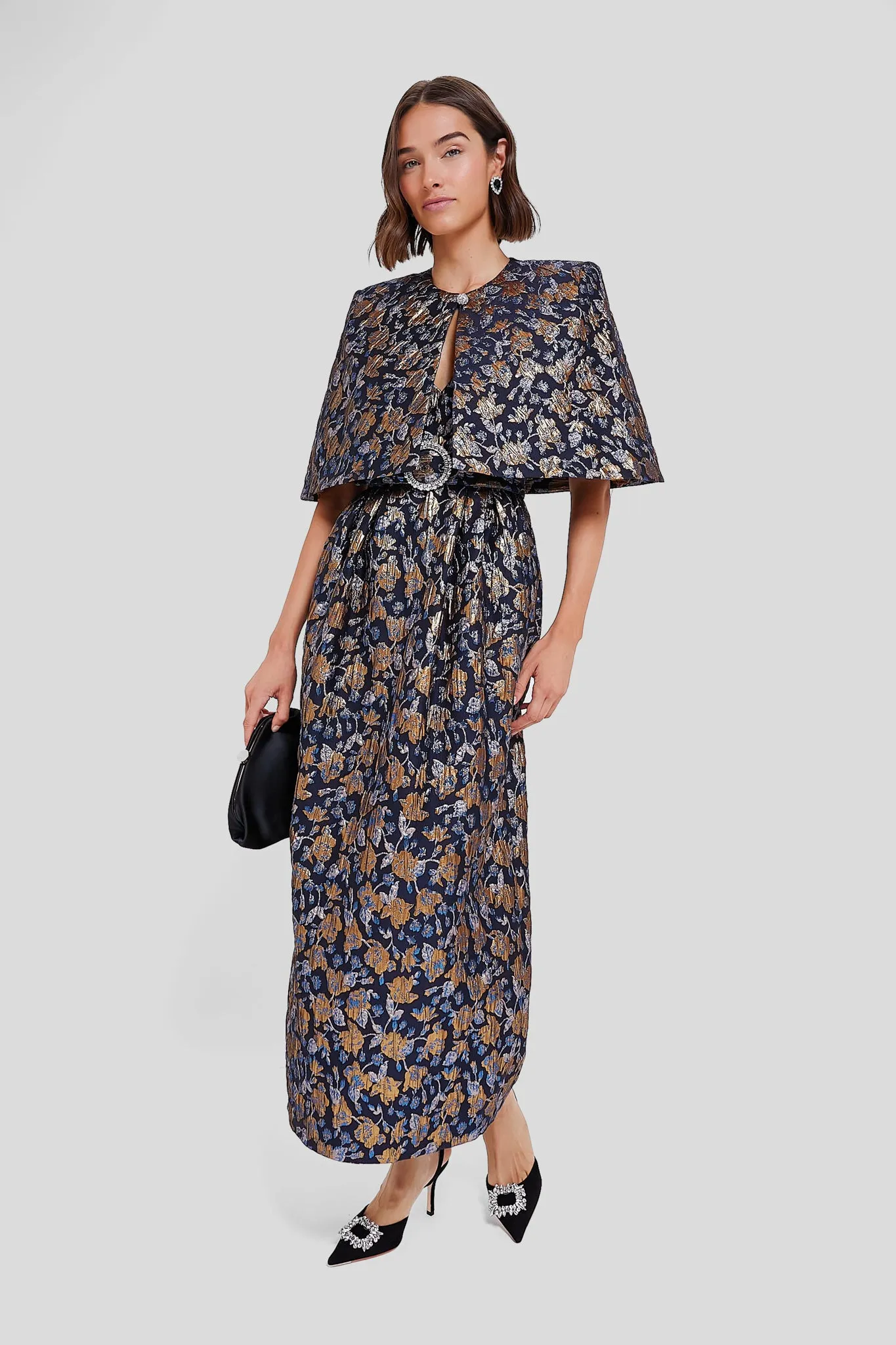 Navy and Gold Jules Floral Jacquard Dress