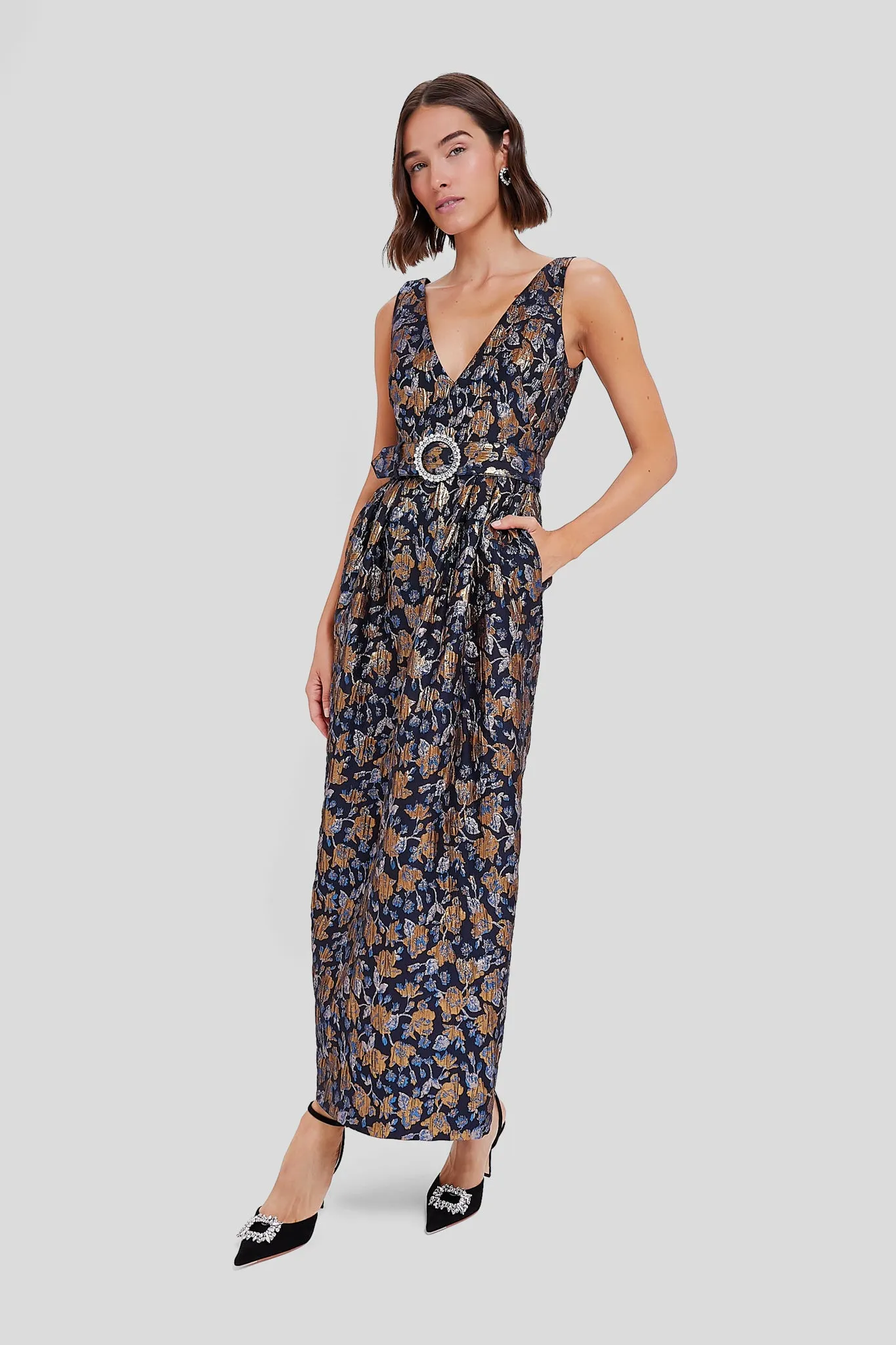 Navy and Gold Jules Floral Jacquard Dress