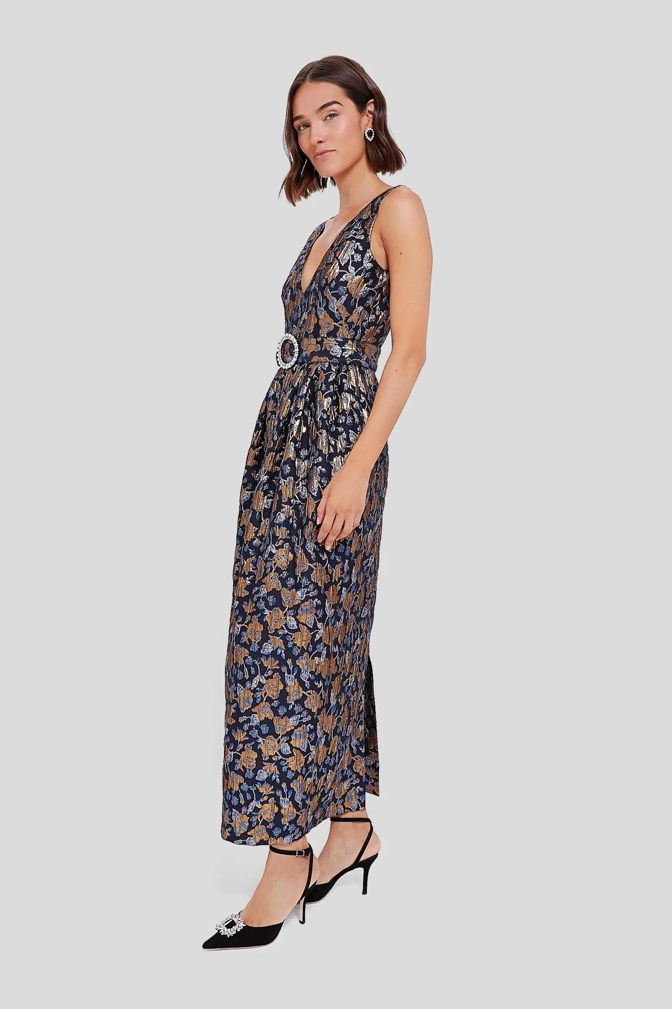 Navy and Gold Jules Floral Jacquard Dress