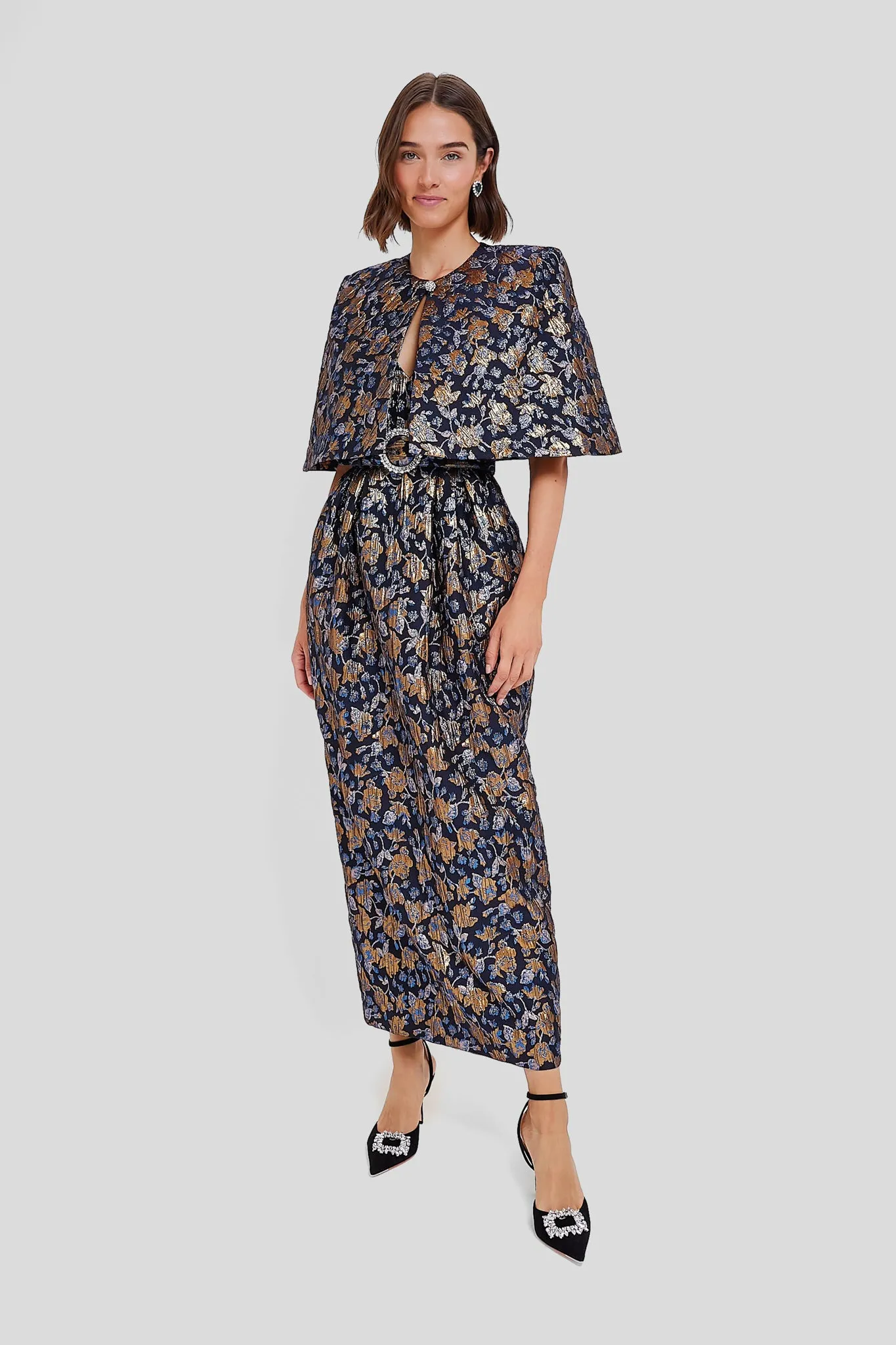 Navy and Gold Jules Floral Jacquard Dress