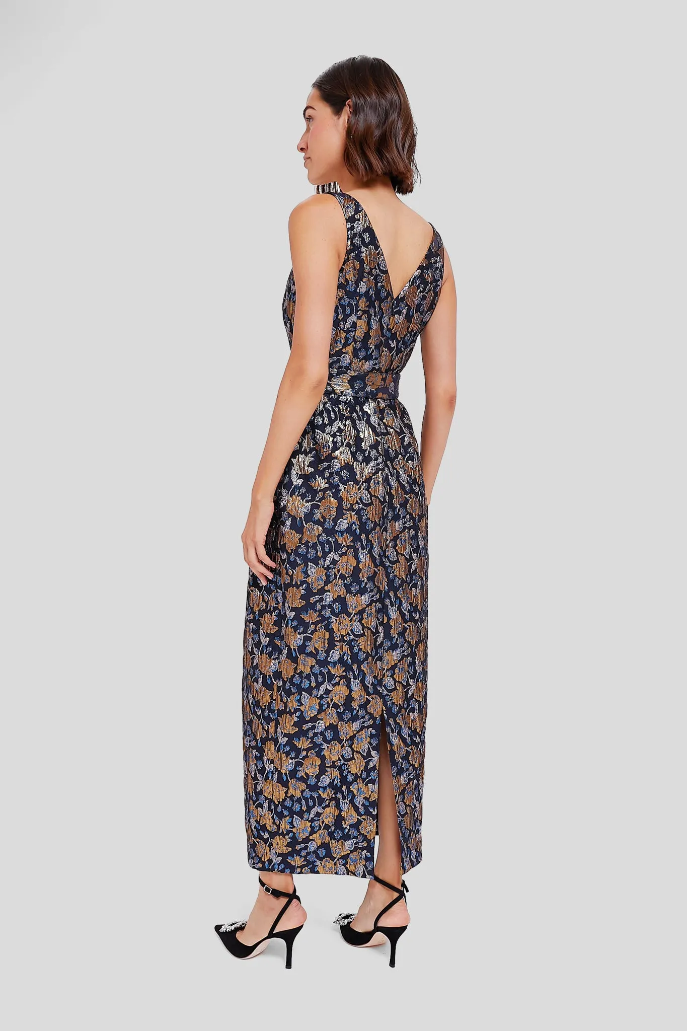 Navy and Gold Jules Floral Jacquard Dress