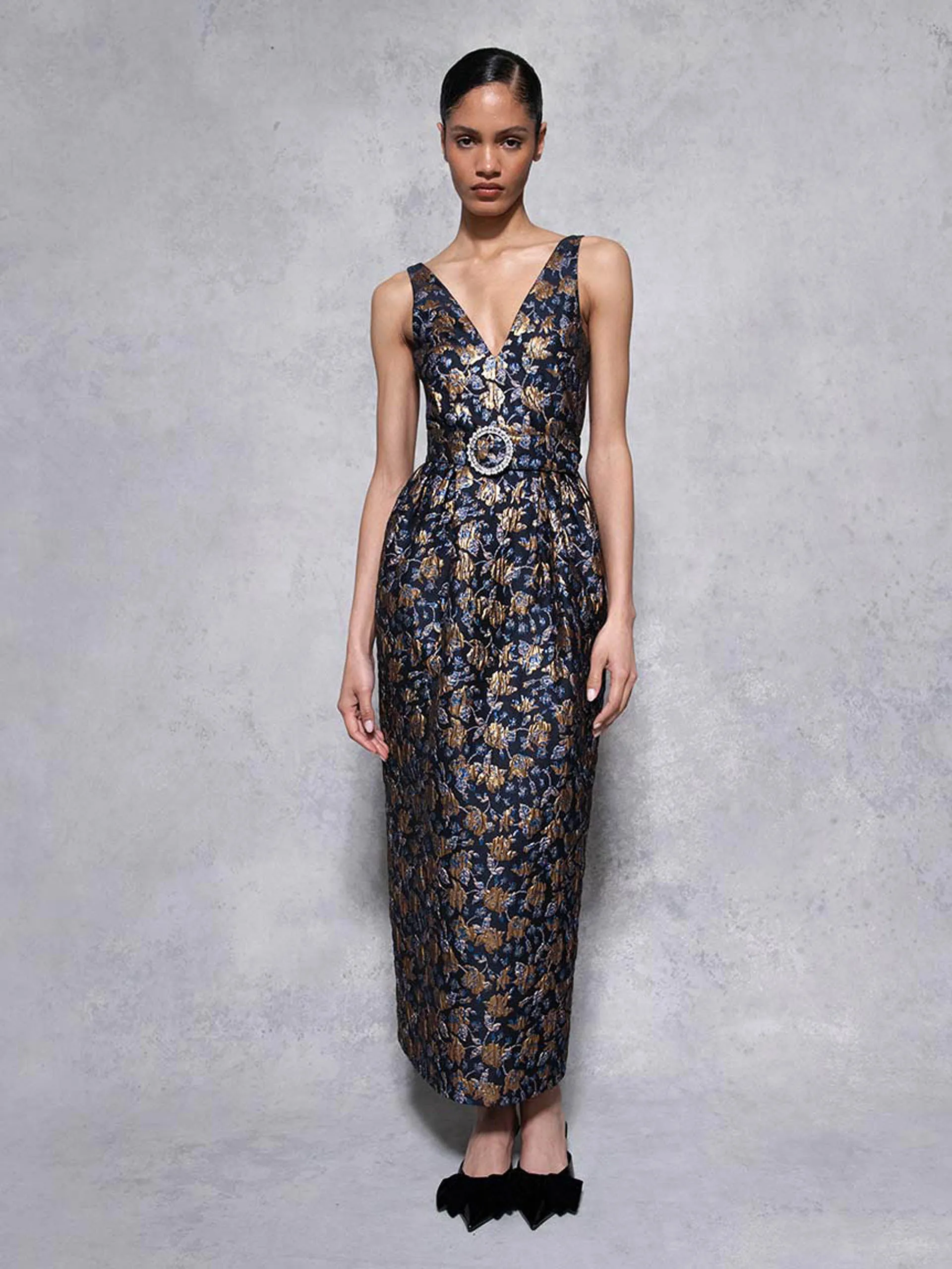 Navy and gold Jules floral jacquard midi dress