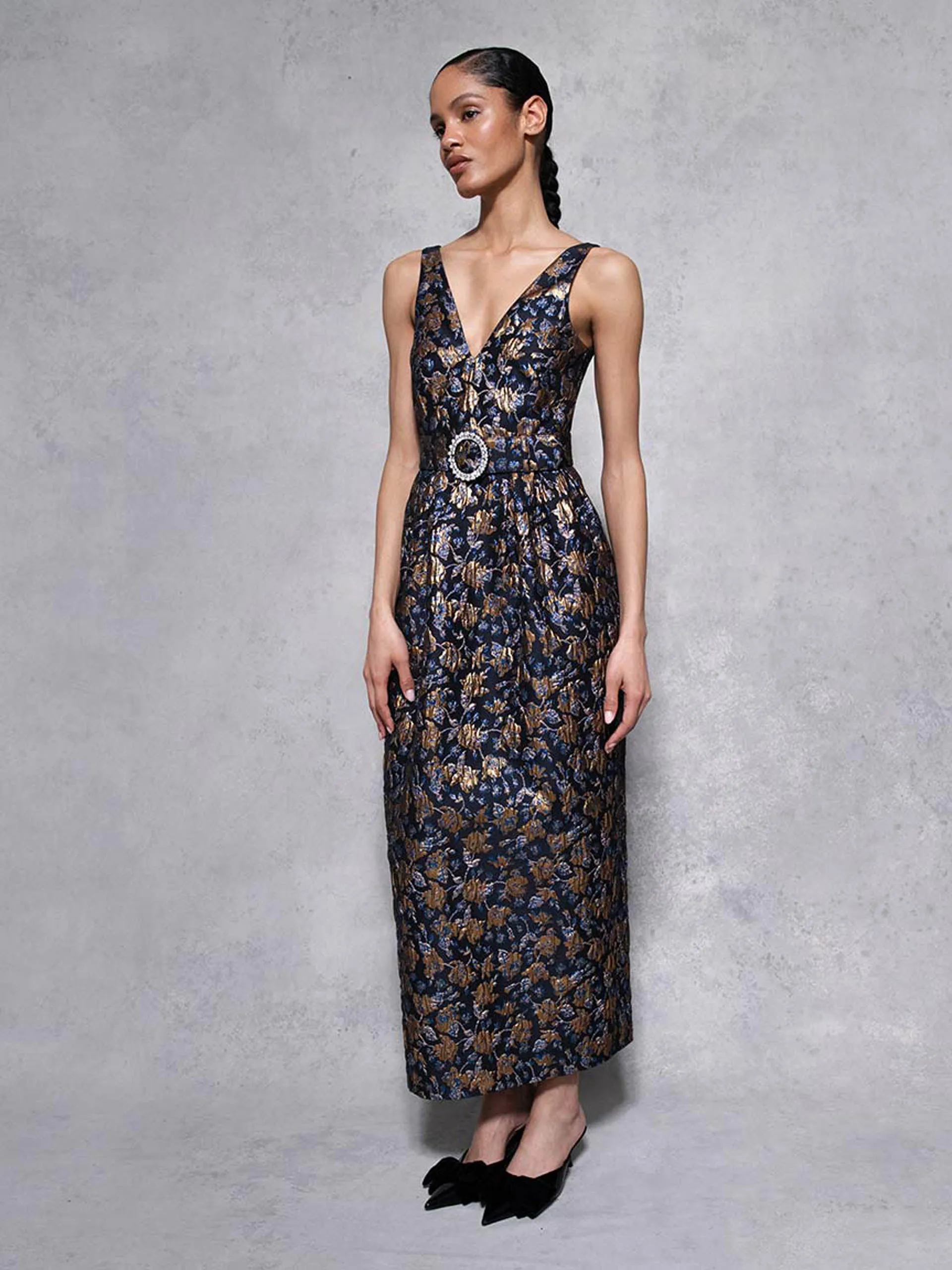 Navy and gold Jules floral jacquard midi dress