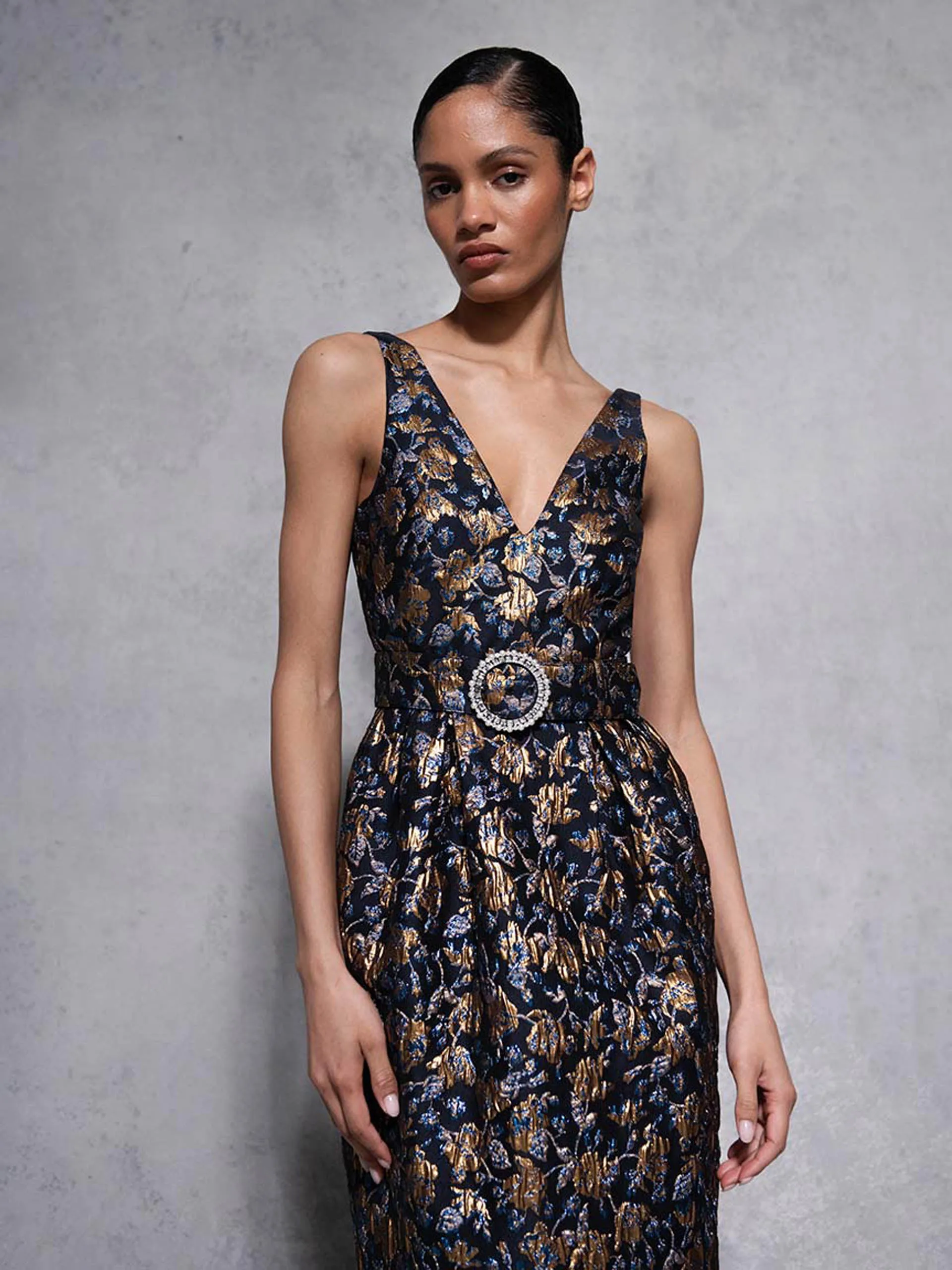 Navy and gold Jules floral jacquard midi dress