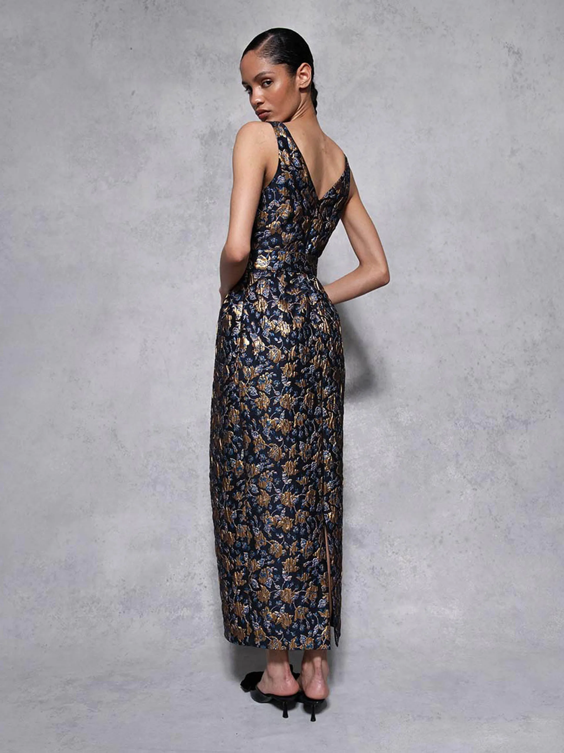 Navy and gold Jules floral jacquard midi dress