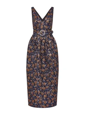 Navy and gold Jules floral jacquard midi dress