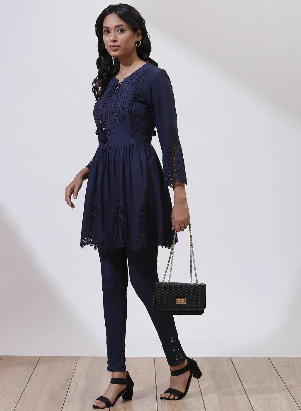 Navy Blue Phool Collection Tunic With Schiffli Embroidery