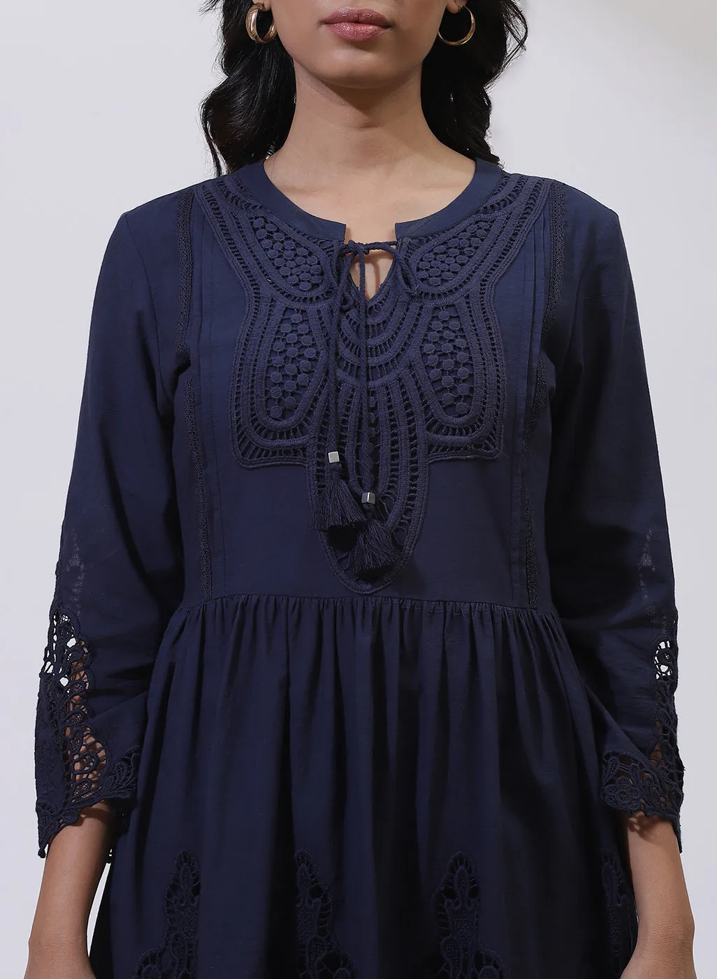 Navy Blue Phool Collection Tunic With Schiffli Embroidery