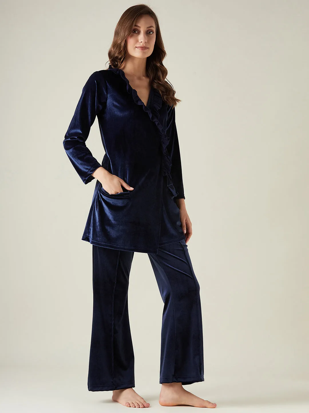 Navy velvet wrap top lounge set