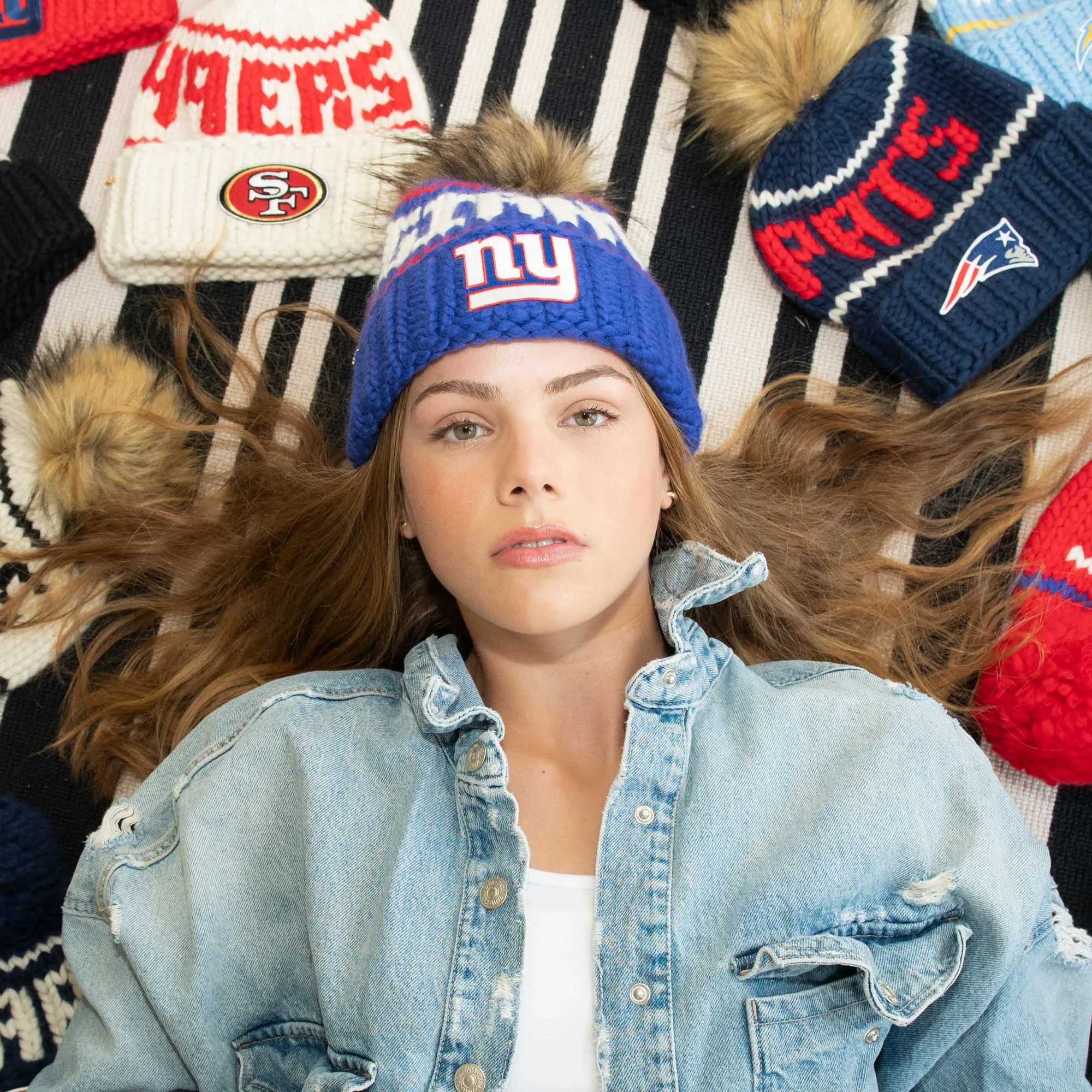 NEW YORK GIANTS LELE SADOUGHI X NFL ROYAL BLUE BEANIE FAUX FUR POM