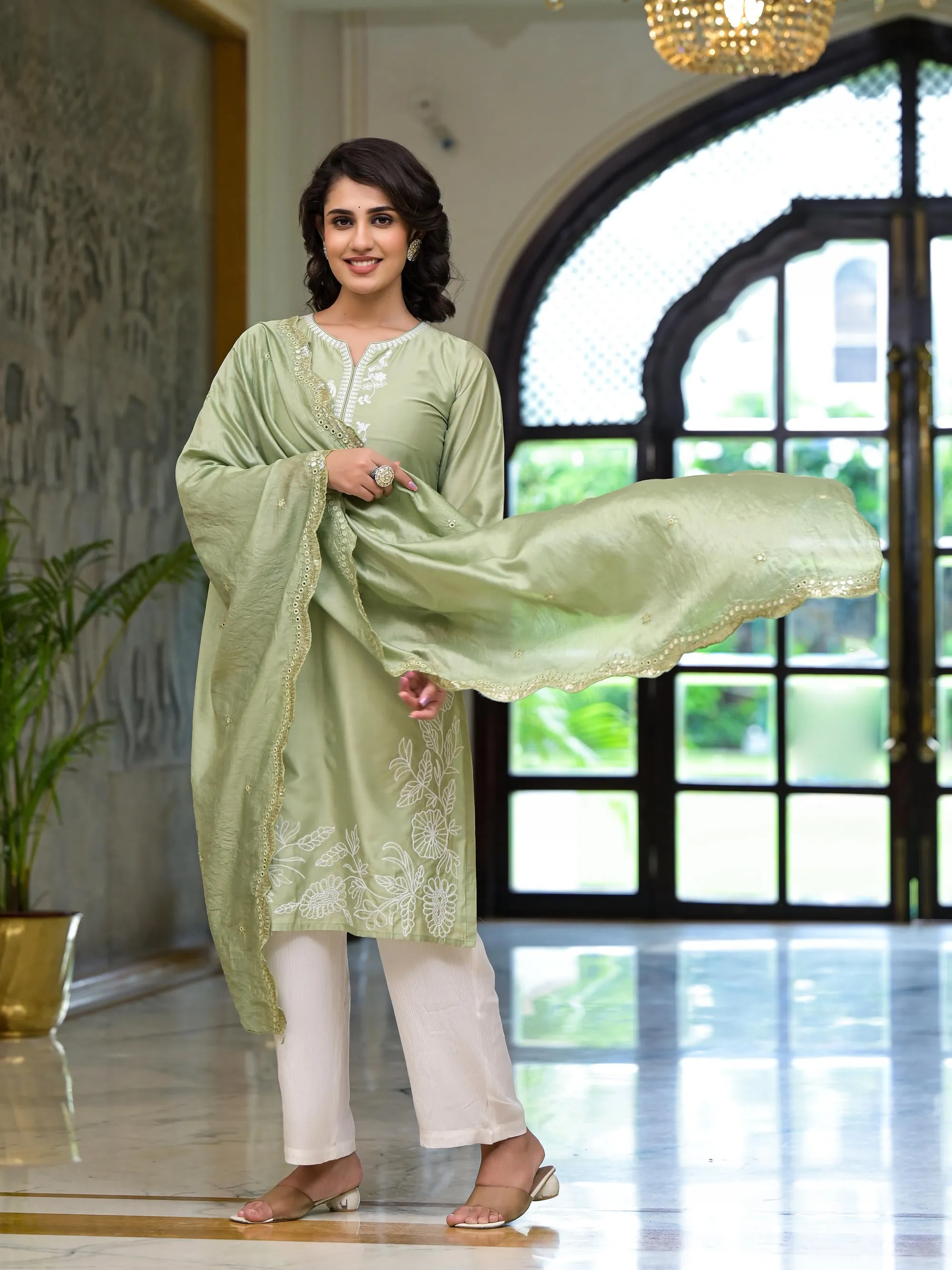 Olive Thread Embroidered Viscose Kurta Set With Thread & Mirror Work