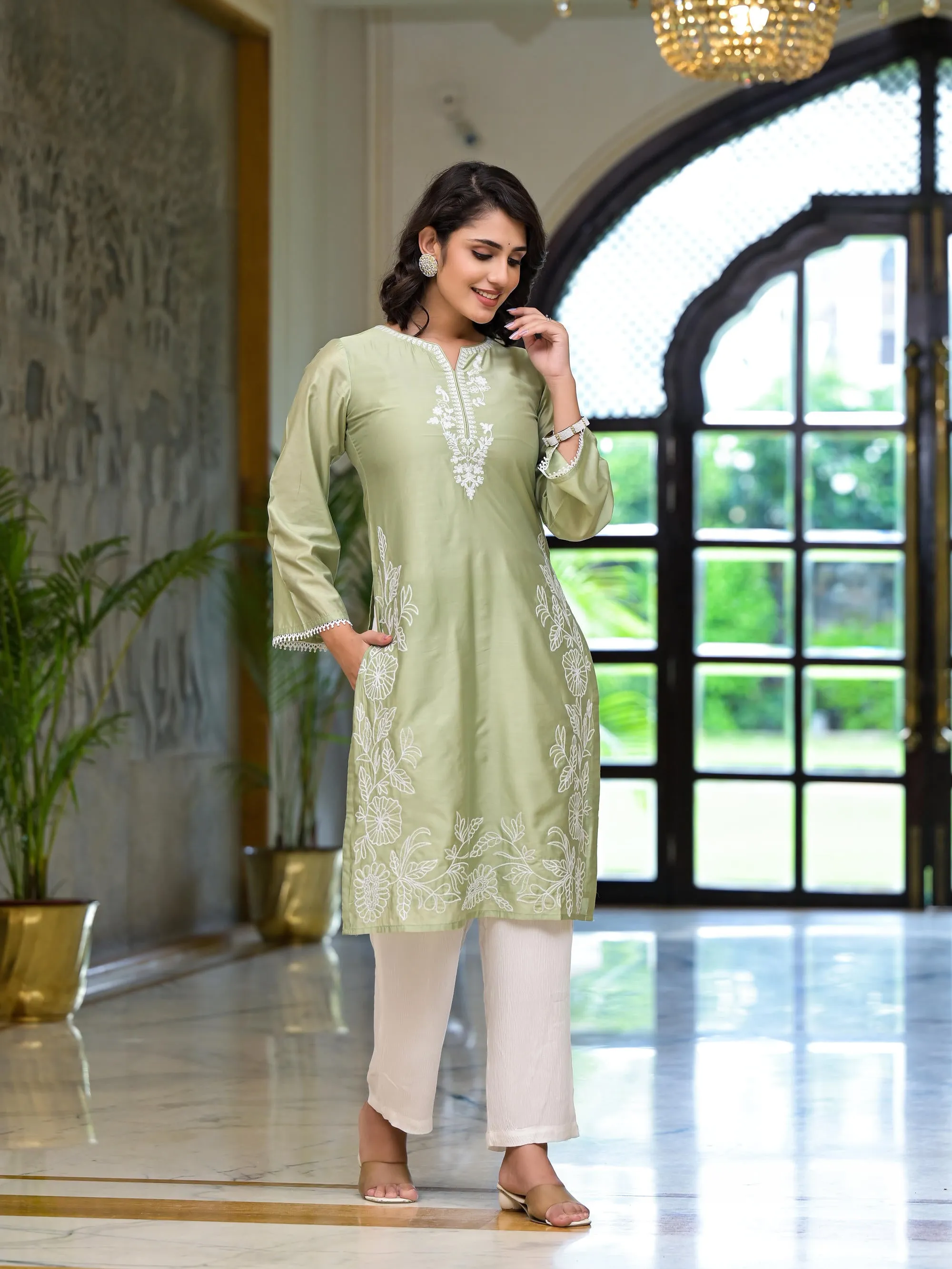 Olive Thread Embroidered Viscose Kurta Set With Thread & Mirror Work