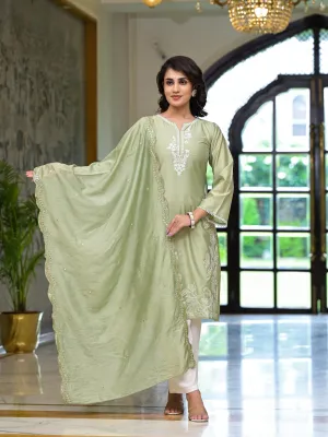 Olive Thread Embroidered Viscose Kurta Set With Thread & Mirror Work