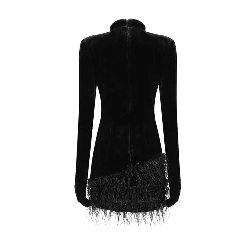 Opulent High Neck Glove Sleeve Crystal Detail Velvet Feather Mini Dress