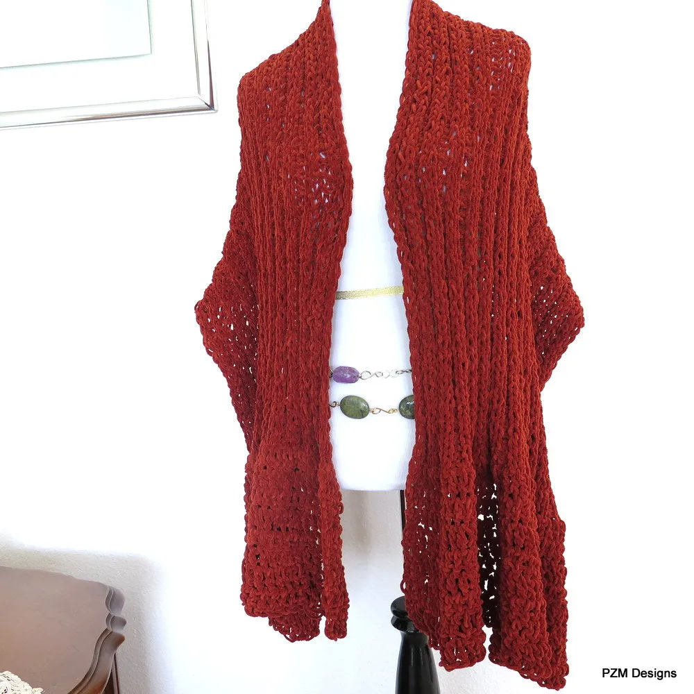 Orange Chenille Hand Knit Shawl, Orange Knit Wrap