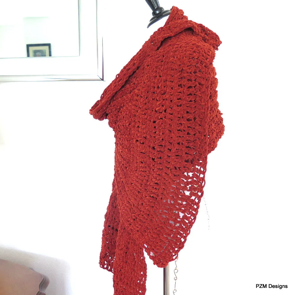 Orange Chenille Hand Knit Shawl, Orange Knit Wrap