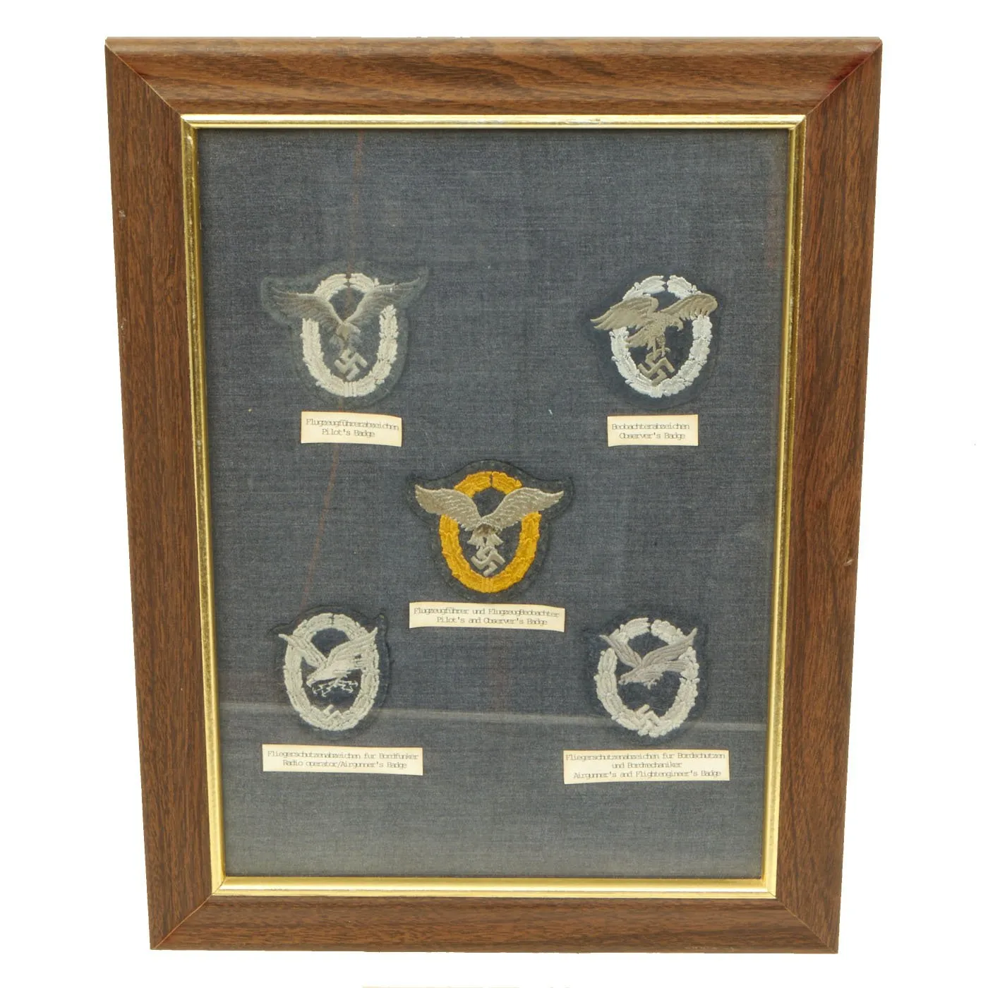 Original German WWII Luftwaffe Bomber Air Crew Embroidered Cloth Badge Collection in Frame - 5 Badges