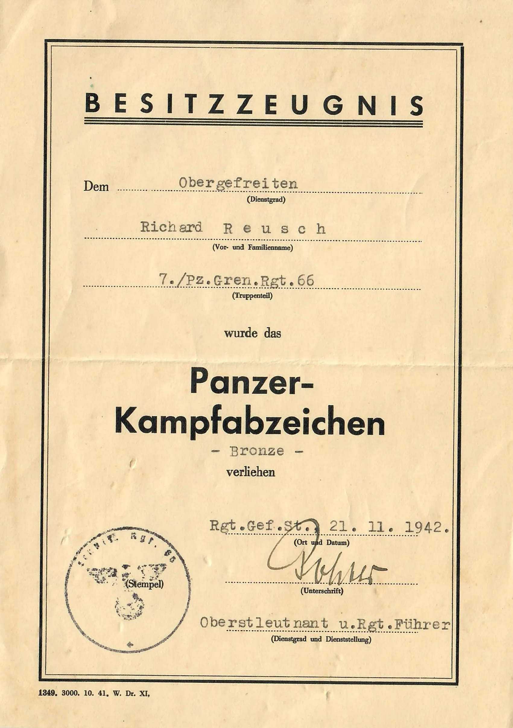 Original German WWII Named Panzergrenadier Award and Document Grouping with EKII and Panzer Assault Badge