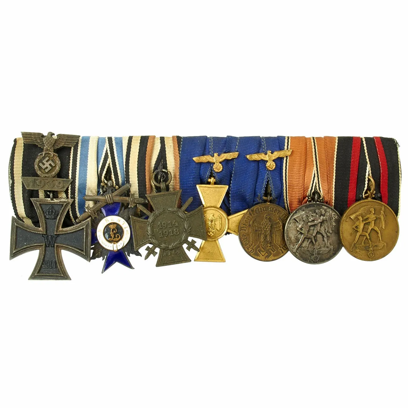 Original WWI / WWII German Medal Bar - 7 Medals Including Bavarian Military Merit Cross 1st Class with Swords