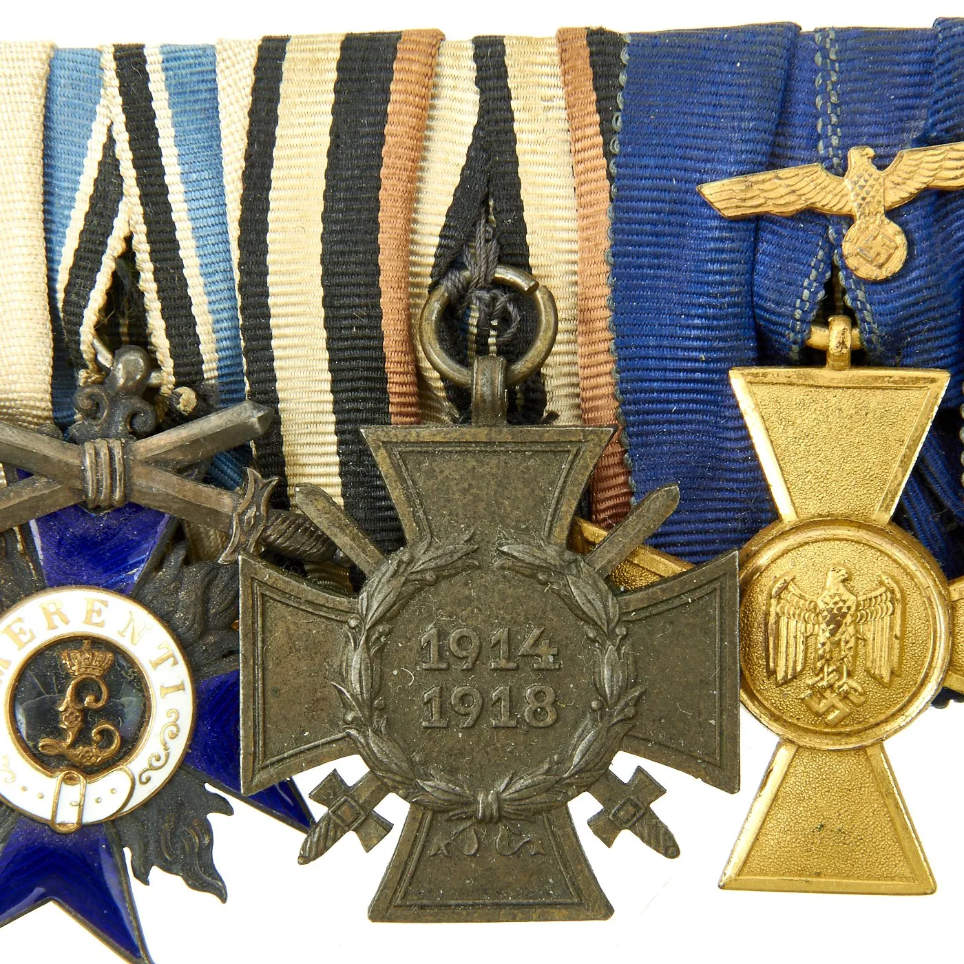 Original WWI / WWII German Medal Bar - 7 Medals Including Bavarian Military Merit Cross 1st Class with Swords