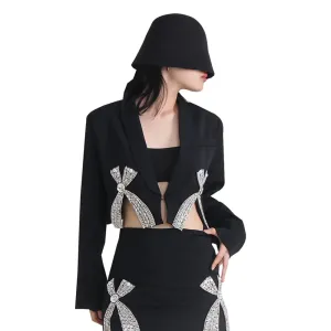 Patchwork Bow Diamonds Split Blazers For Women Notched Collar Long Sleeve Slim Temperament Blazer Female Fashion