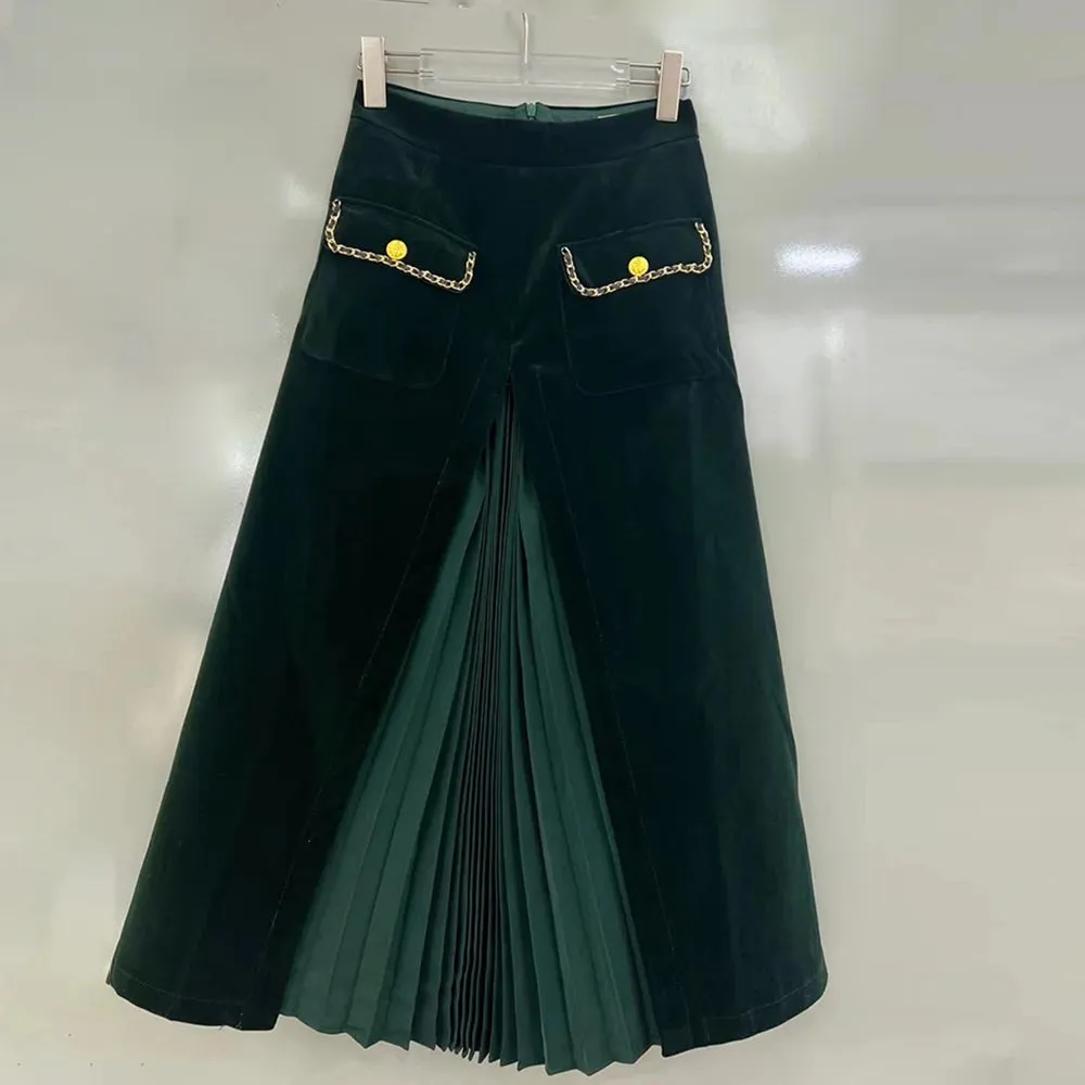 Patchwork Pleated Velvet Skirts For Women High Waist Spliced Pockets Elegant Temperament Skirt Female Fashion