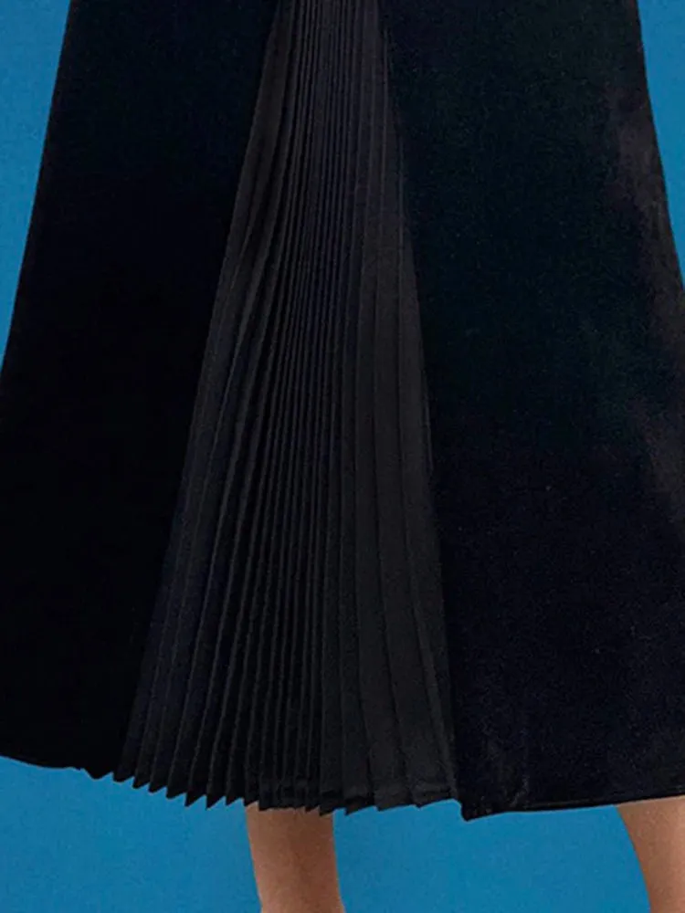 Patchwork Pleated Velvet Skirts For Women High Waist Spliced Pockets Elegant Temperament Skirt Female Fashion