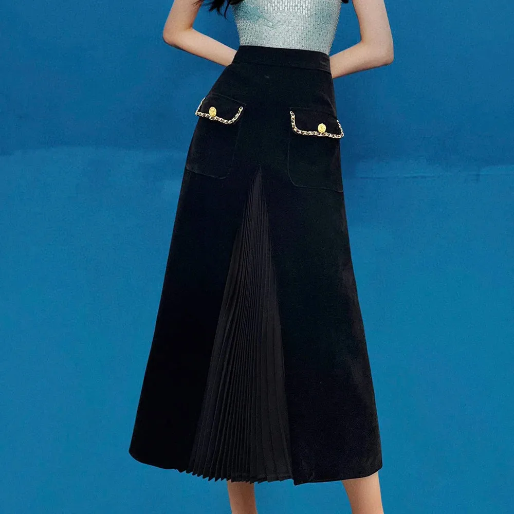 Patchwork Pleated Velvet Skirts For Women High Waist Spliced Pockets Elegant Temperament Skirt Female Fashion