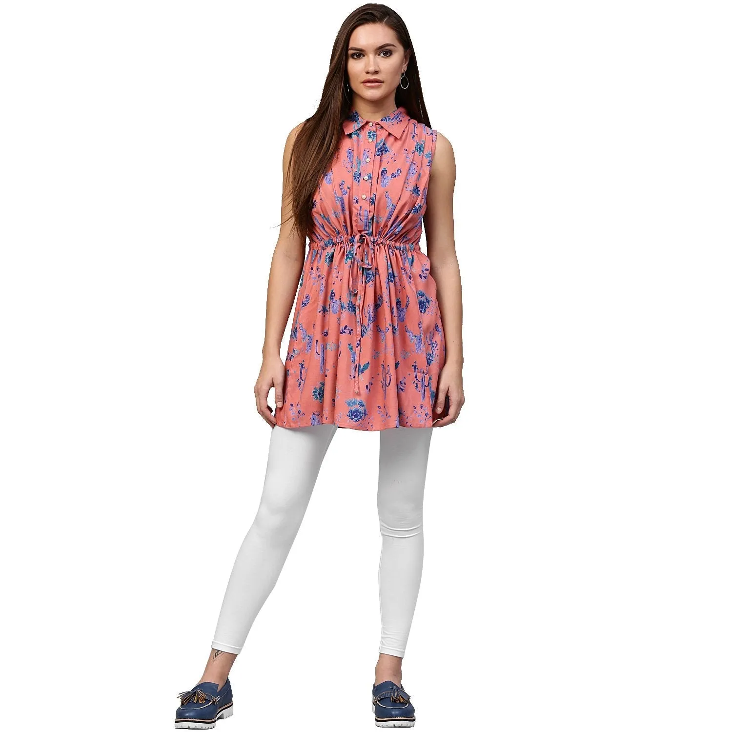 Peach Printed Sleeveless Rayon A-Line Tunic