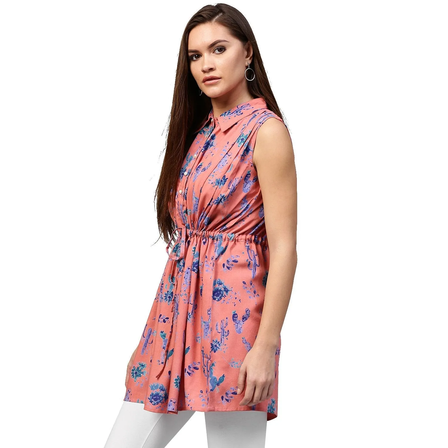 Peach Printed Sleeveless Rayon A-Line Tunic