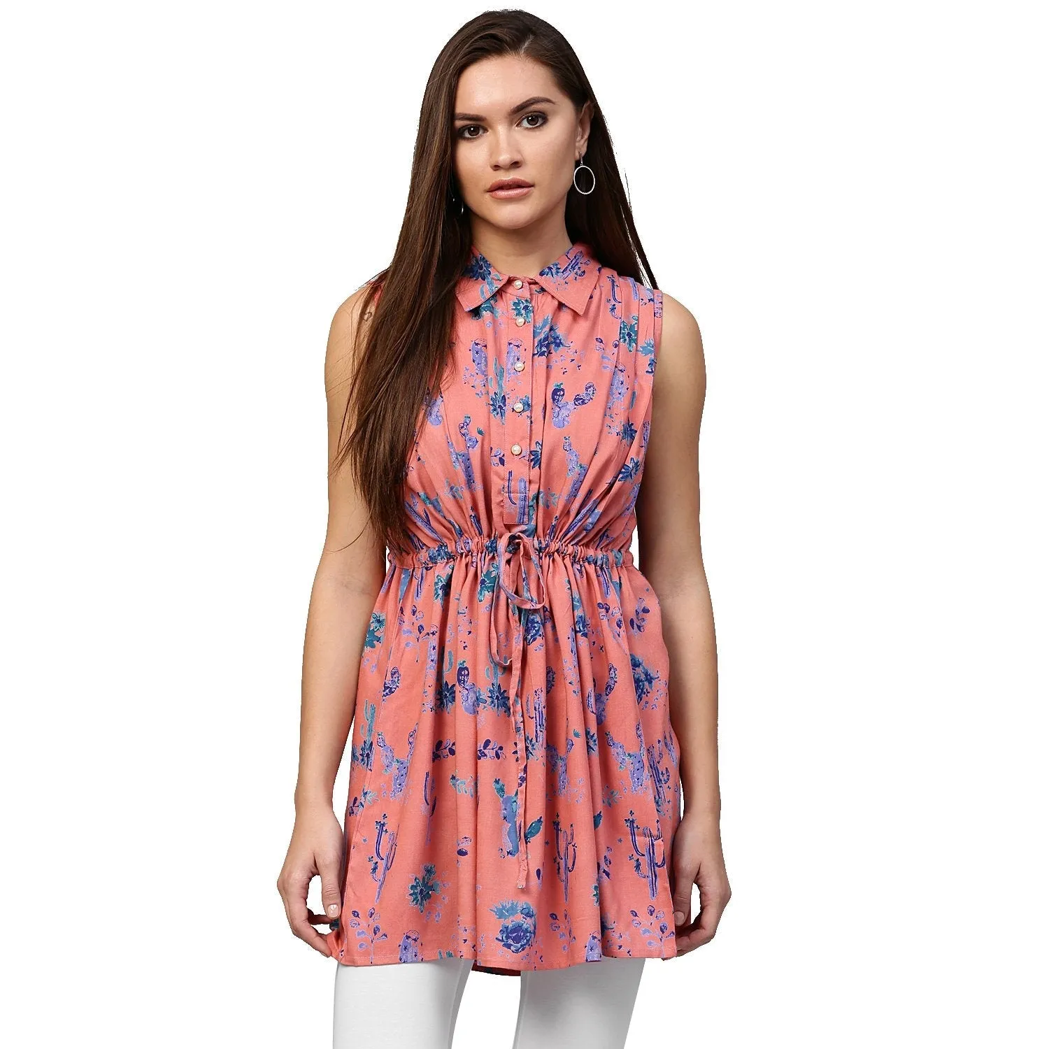 Peach Printed Sleeveless Rayon A-Line Tunic