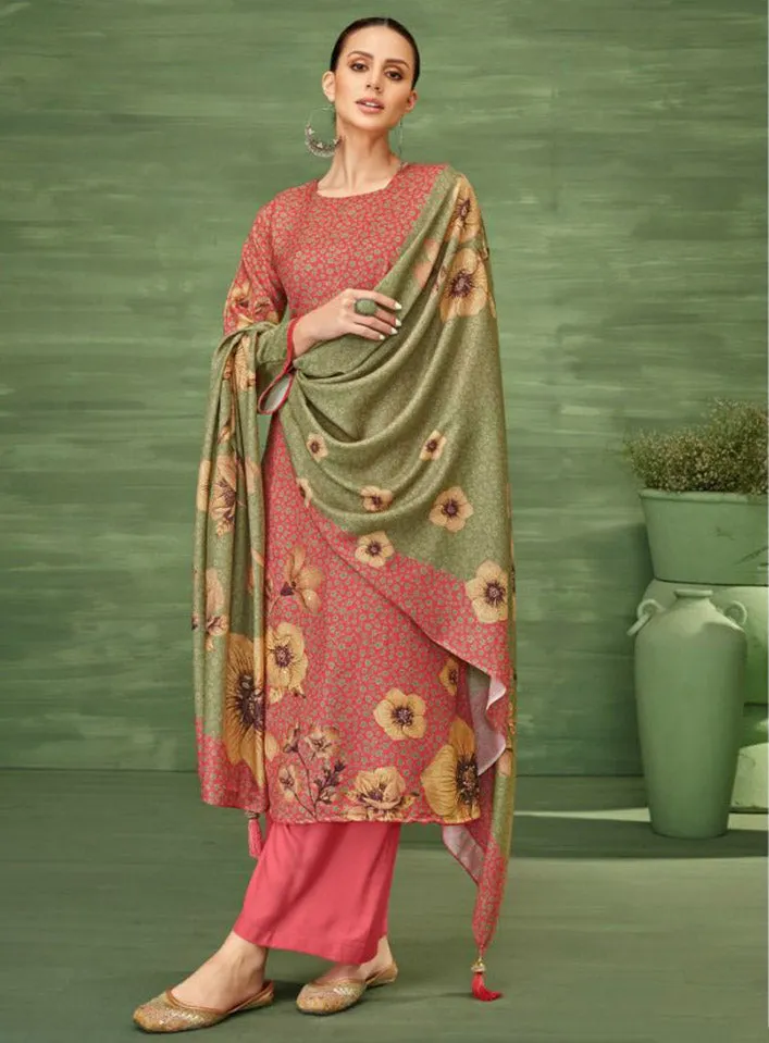 Pink Unstitched Printed Pashmina Winter Suit Dress Material for Women