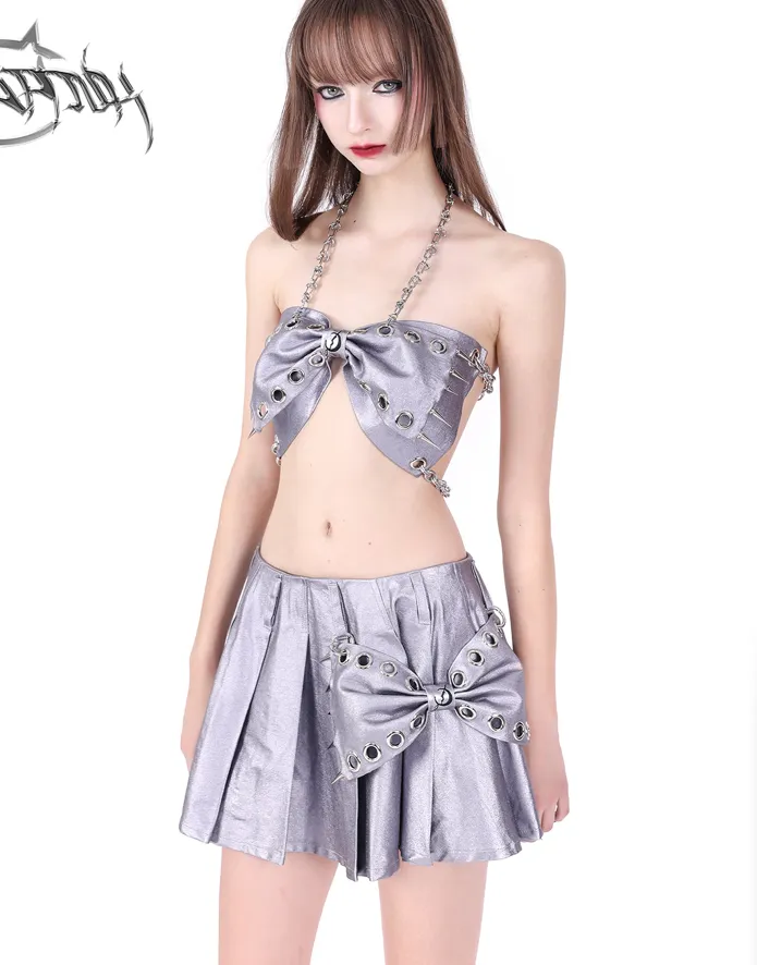 PINKSPINK Metallic Pleated Mini Skirt with Grommet Bow - Silver