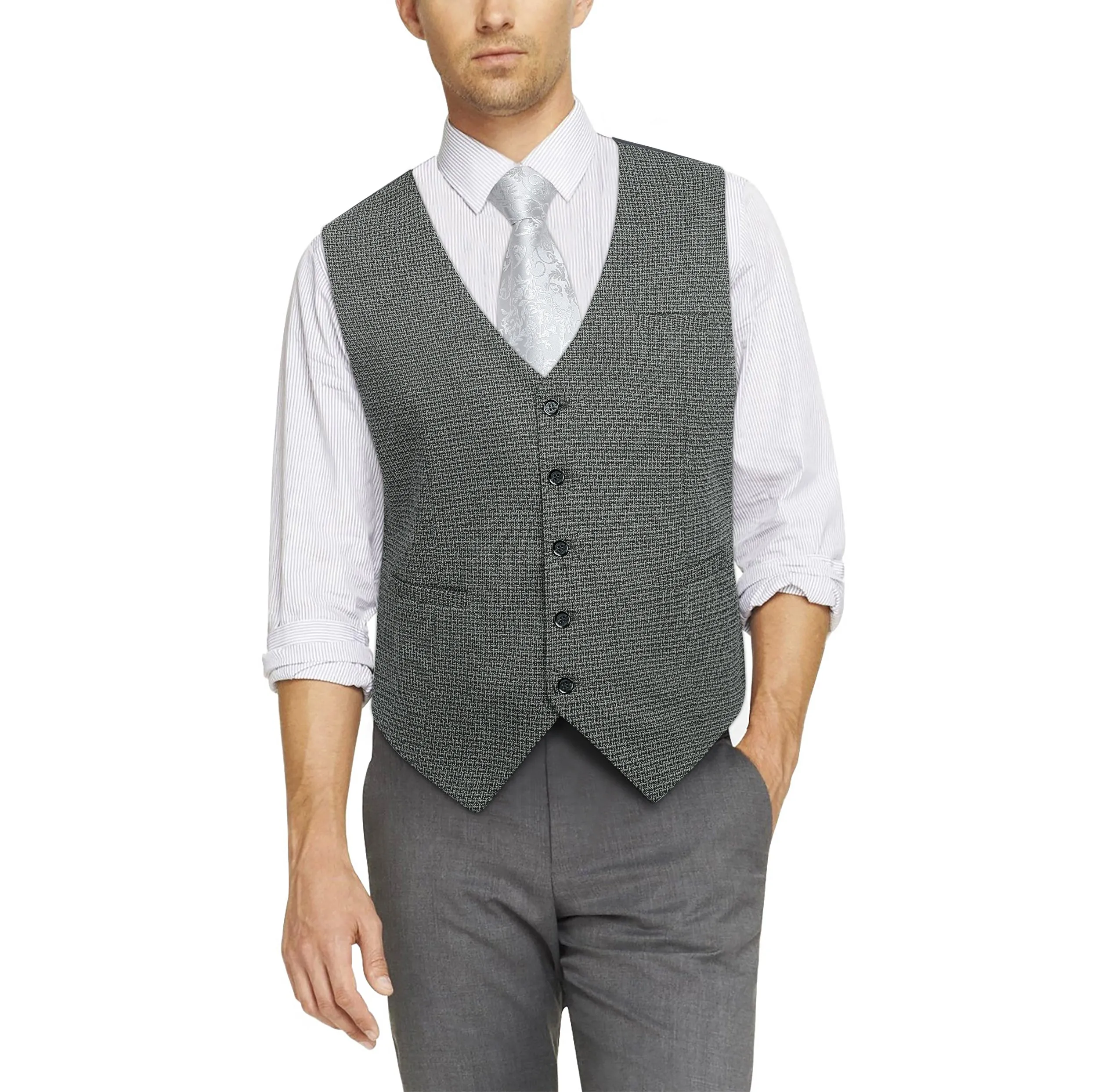 Plaid Slim Suit Vest - B5-GREY