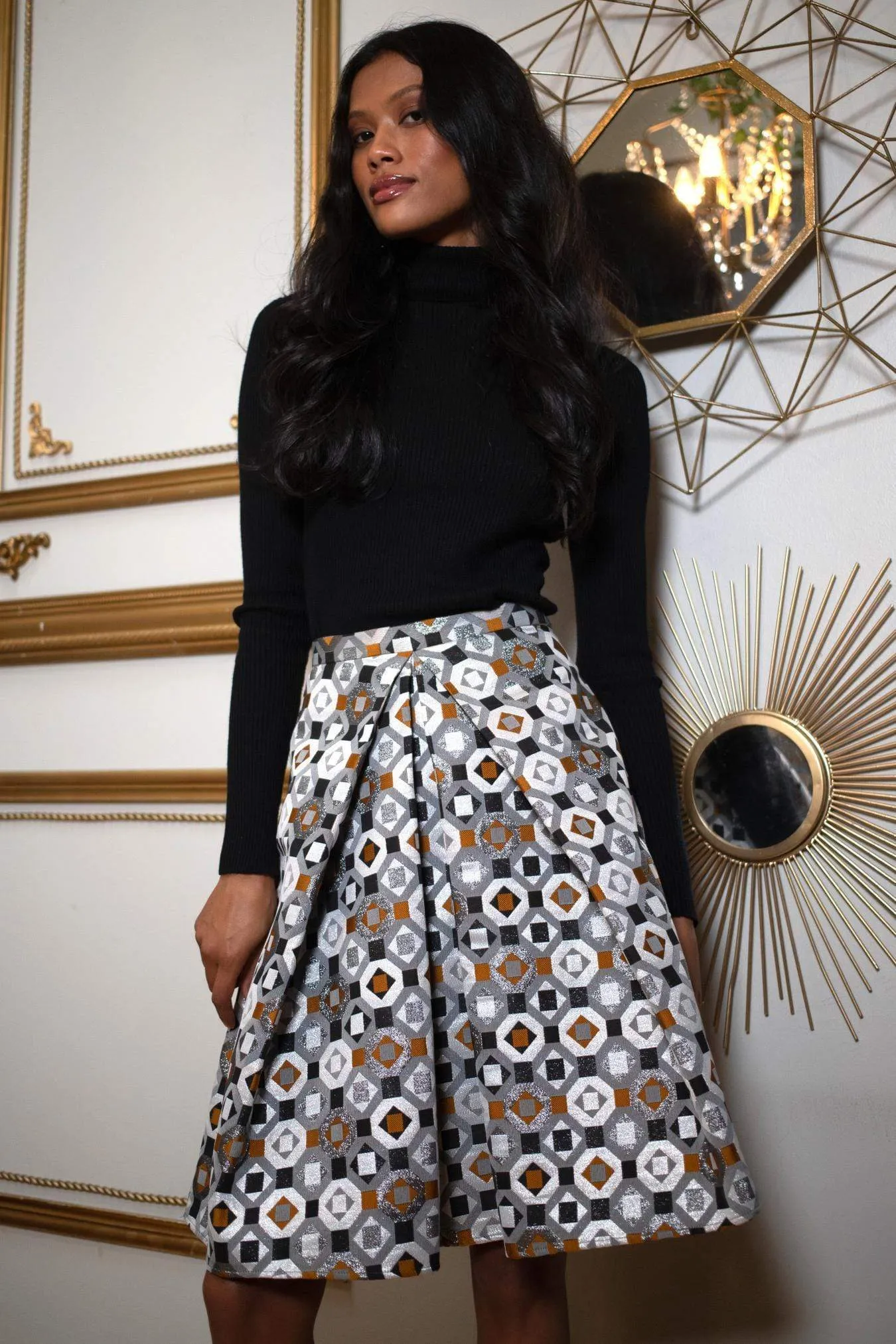 Pleated Jacquard Skirt - Geometric Motif