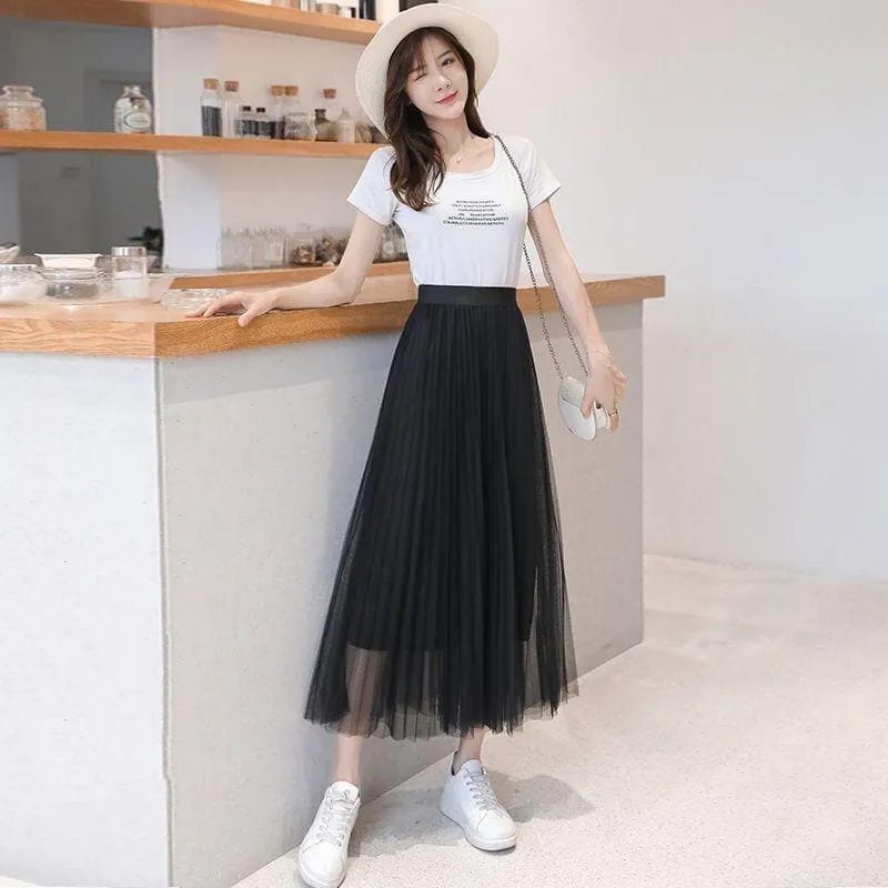 Pleated Mesh Skirt With High Waist And A-Line Cut