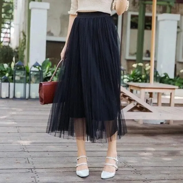 Pleated Mesh Skirt With High Waist And A-Line Cut