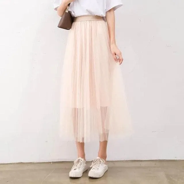 Pleated Mesh Skirt With High Waist And A-Line Cut