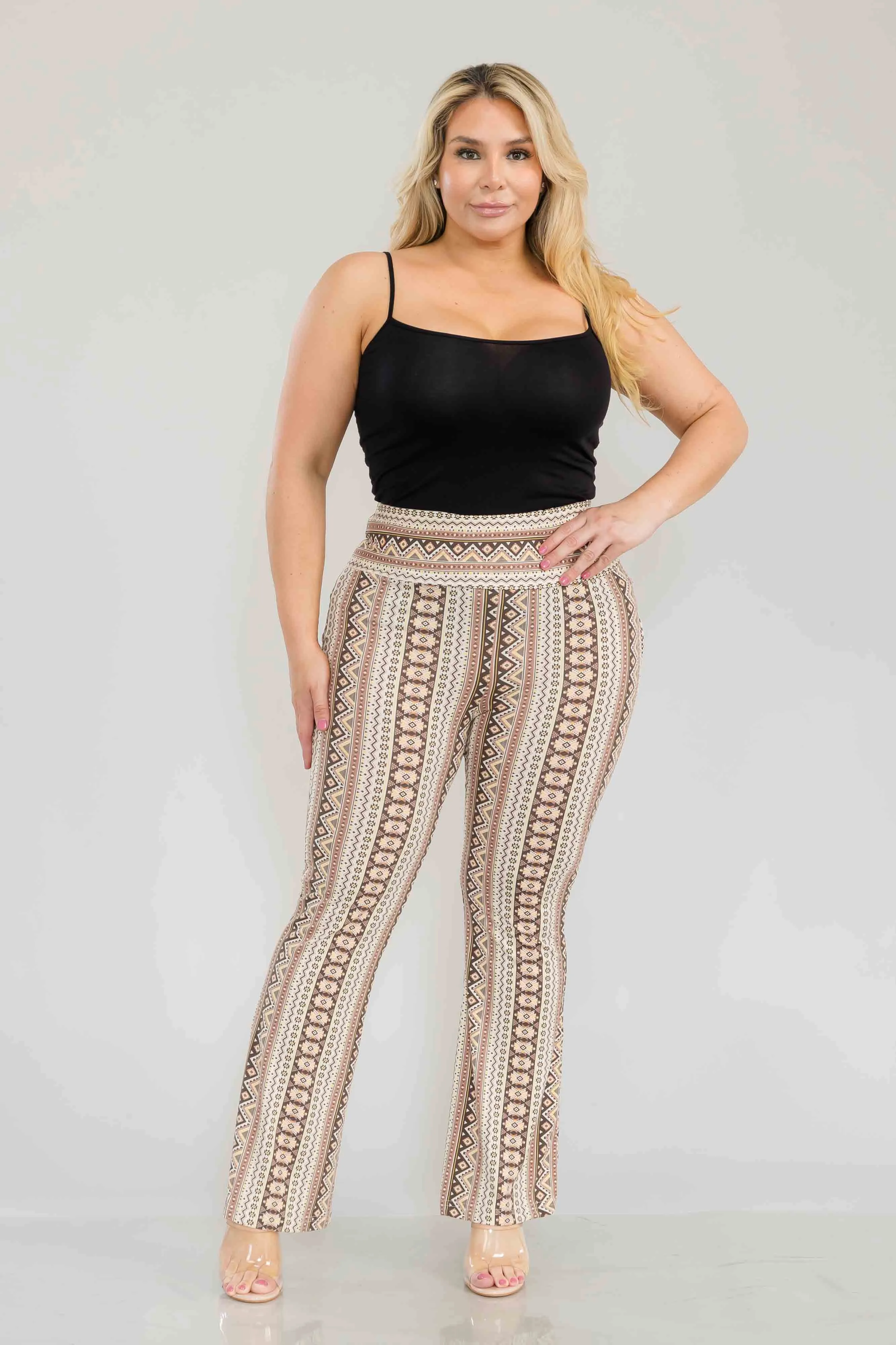 Plus Size High Waist Printed Soft Brushed Flare Pants - Cream, Brown Tribal