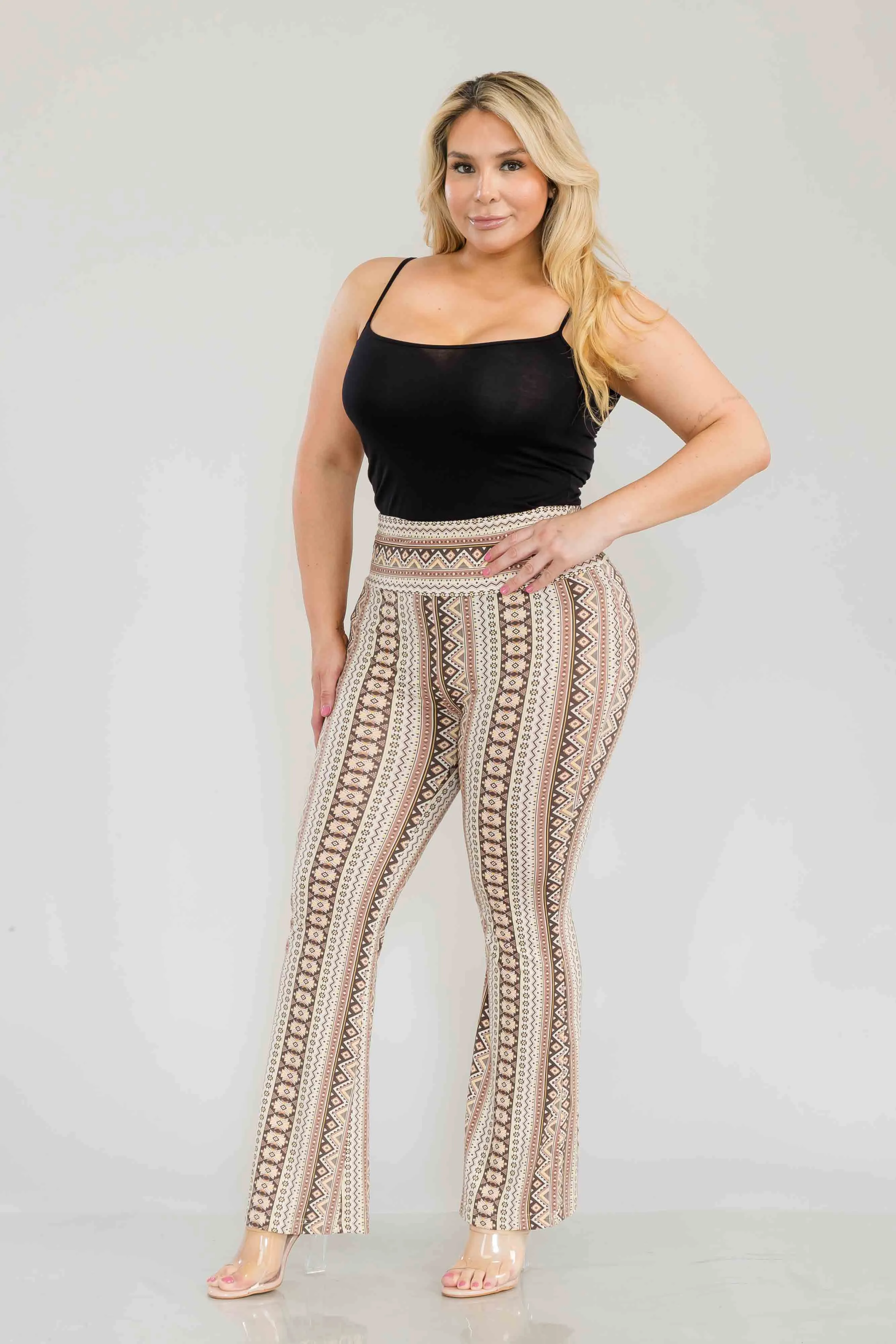 Plus Size High Waist Printed Soft Brushed Flare Pants - Cream, Brown Tribal