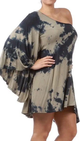 Plus Size One Shoulder Dress with Dolman Sleeve in Tie Dye