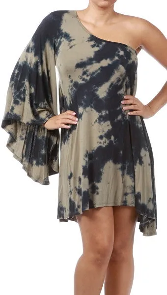 Plus Size One Shoulder Dress with Dolman Sleeve in Tie Dye